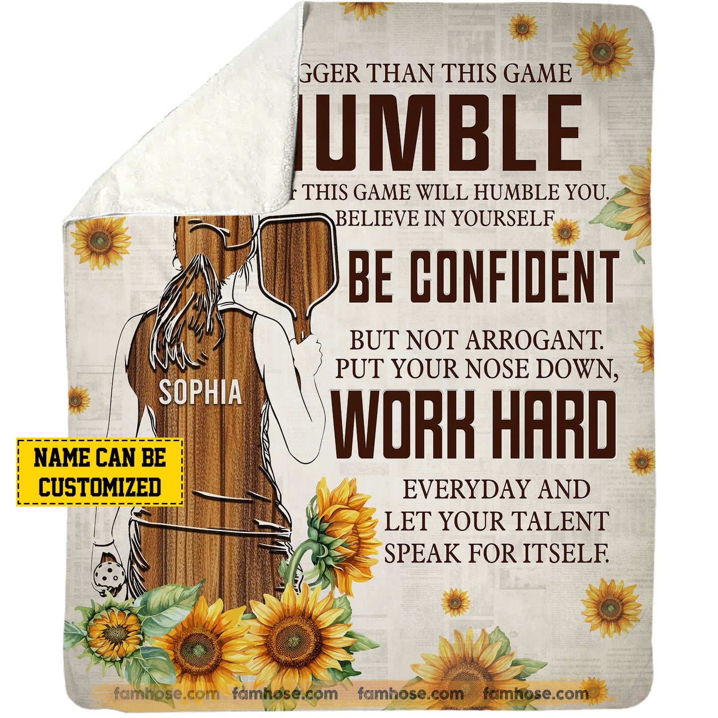 Motivational Personalized Pickleball Girl Fleece Blanket, Be Humble Be Confident And Work Hard Sport Woven Blanket, Cool Sherpa Blanket Gift For Pickleball Lovers