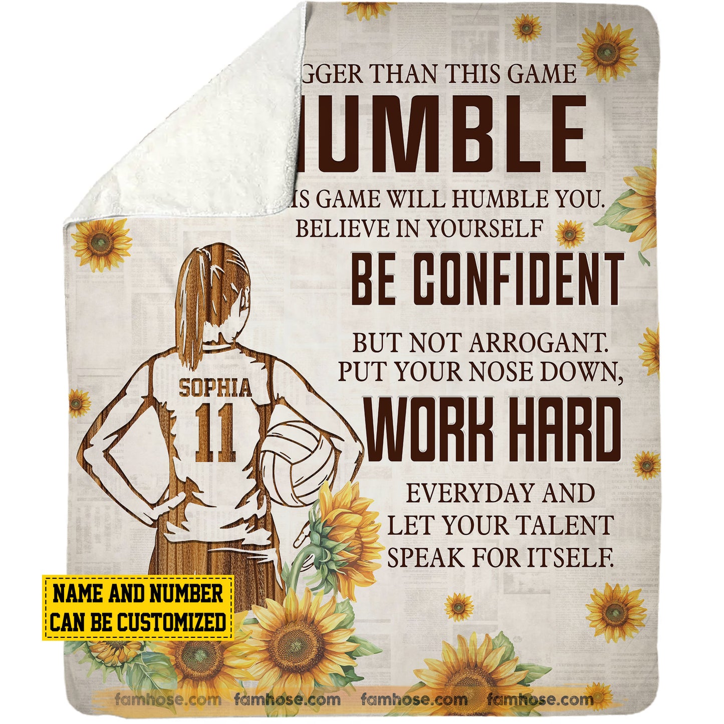 Motivational Personalized Volleyball Girl Fleece Blanket, Be Humble Be Confident And Work Hard Sport Woven Blanket, Cool Sherpa Blanket Gift For Volleyball Lovers