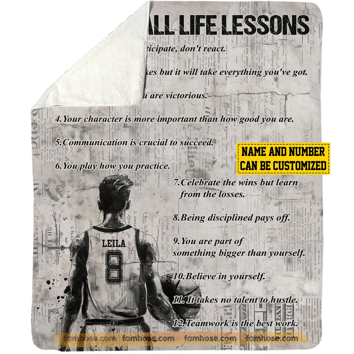 Personalized Basketball Boy Fleece Blanket, Basketball Life Lessons Sport Woven Blanket, Cool Sherpa Blanket Gift For Basketball Lovers