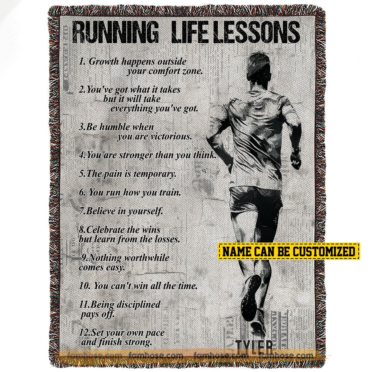 Motivational Personalized Running Boy Fleece Blanket, Running Life Lessons Sport Woven Blanket, Cool Sherpa Blanket Gift For Running Lovers