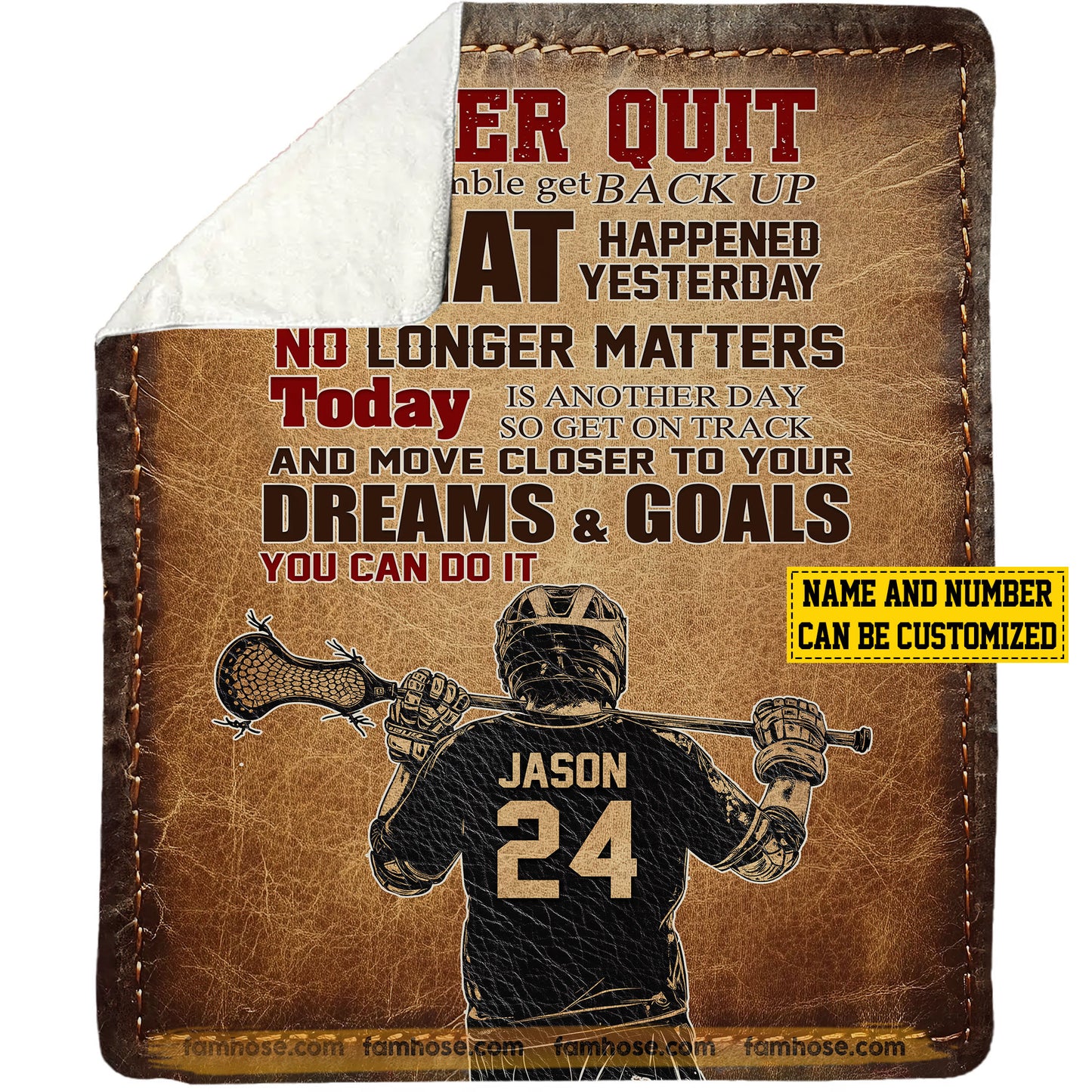 Vintage Personalized Lacrosse Boy Fleece Blanket, Never Quit Sport Woven Blanket, Cool Sherpa Blanket Gift Lacrosse Lovers