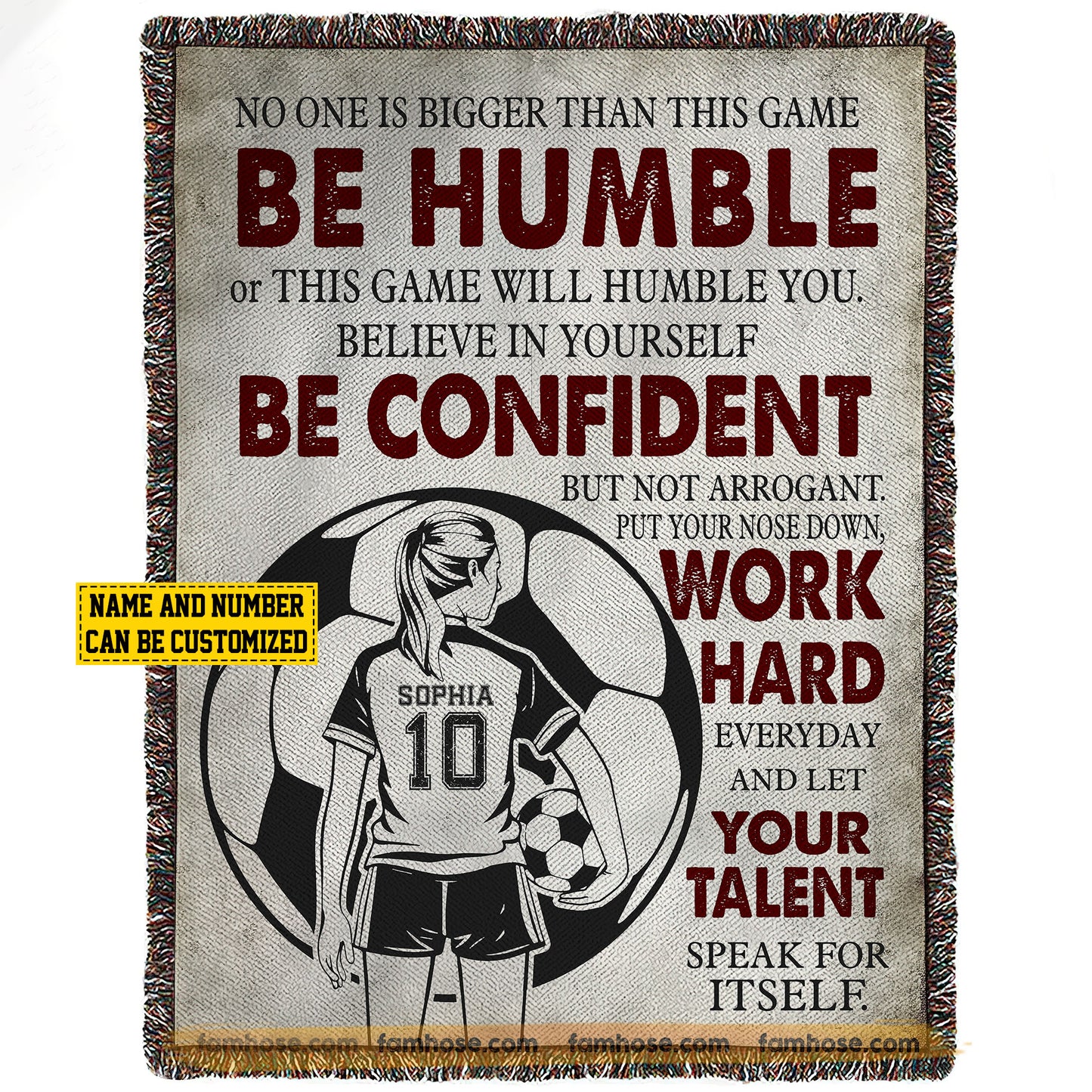 Motivational Personalized Soccer Girl Fleece Blanket, Be Humble Confident And Work Hard Woven Blanket, Cool Sherpa Blanket Gift For Soccer Lovers