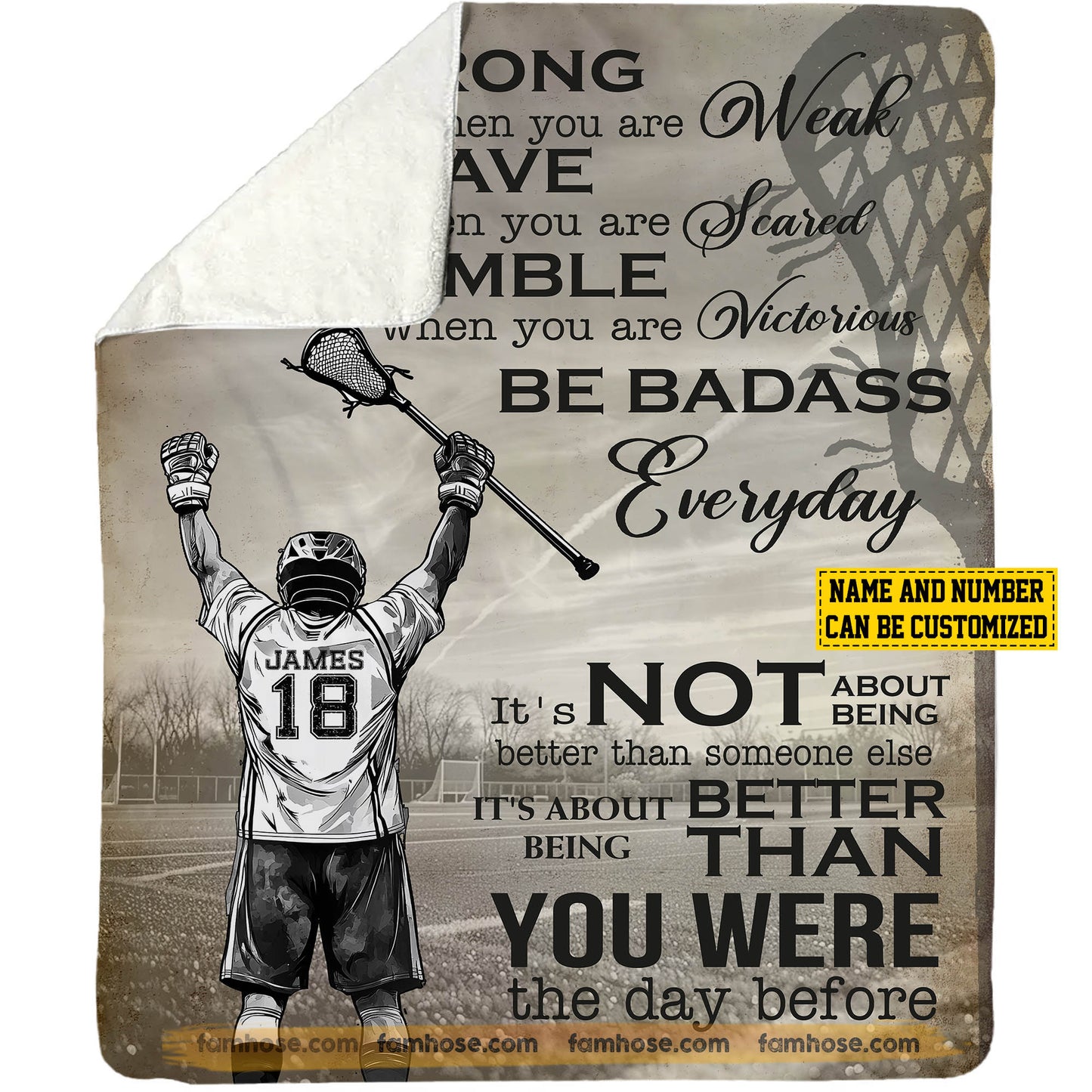 Motivational Personalized Lacrosse Boy Fleece Blanket, Be Strong Humble Brave And Badass Sport Woven Blanket, Cool Sherpa Blanket Gift For Lacrosse Lovers
