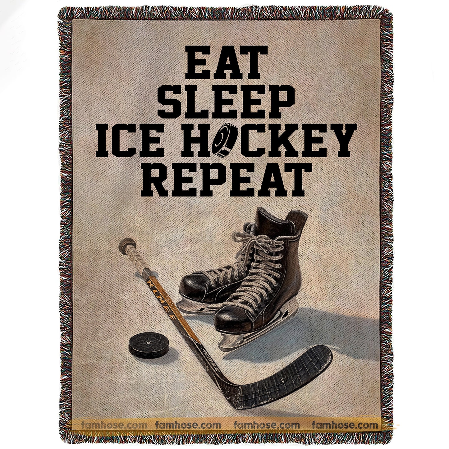 Vintage Hockey Fleece Blanket, Hockey Life: Eat, Sleep And Repeat Sport Woven Blanket, Cozy Sherpa Blanket Gift For Hockey Lovers