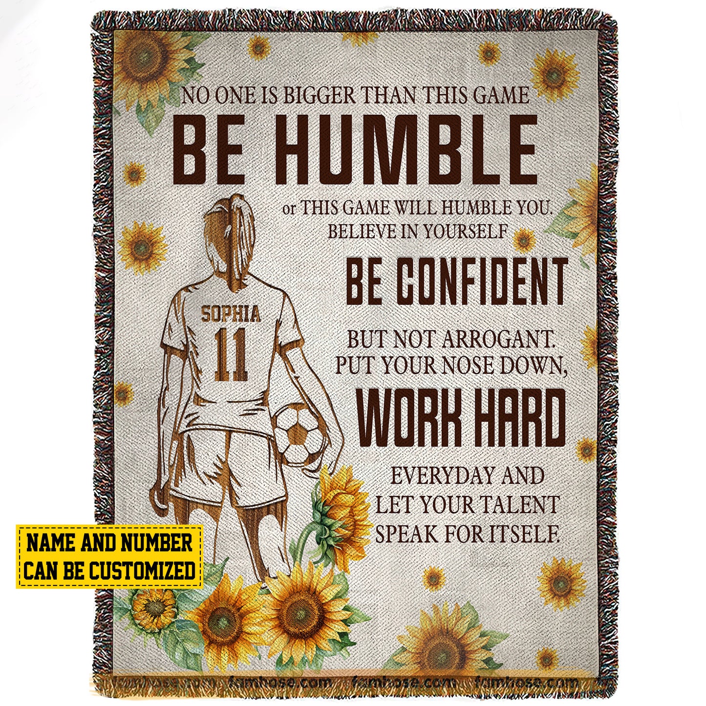 Motivational Personalized Soccer Girl Fleece Blanket, Be Humble Be Confident And Work Hard Sport Woven Blanket, Cool Sherpa Blanket Gift For Soccer Lovers
