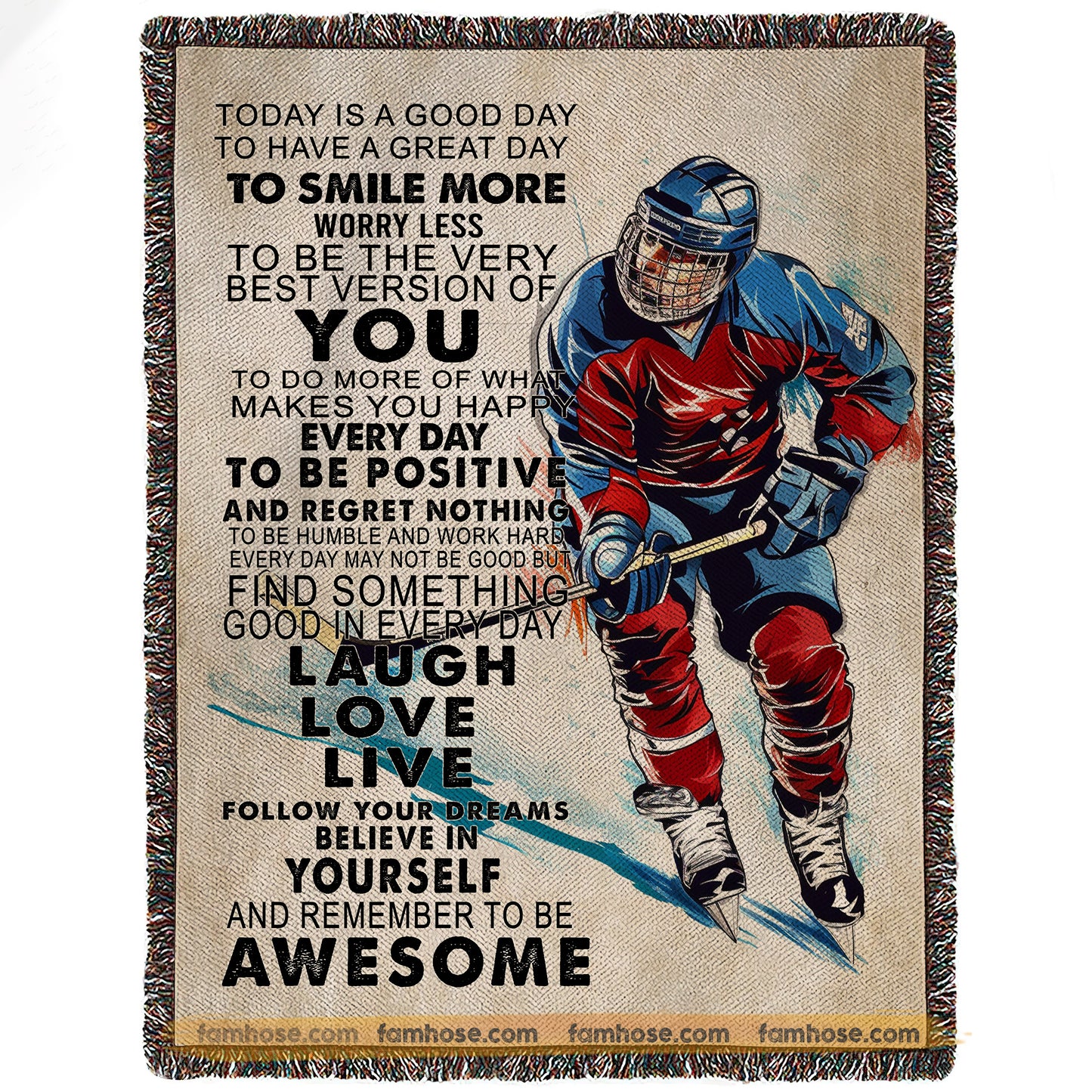 Motivational Hockey Fleece Blanket, Hockey Dreams And Positive Vibes Sport Woven Blanket, Sherpa Blanket Gift For Hockey Lovers