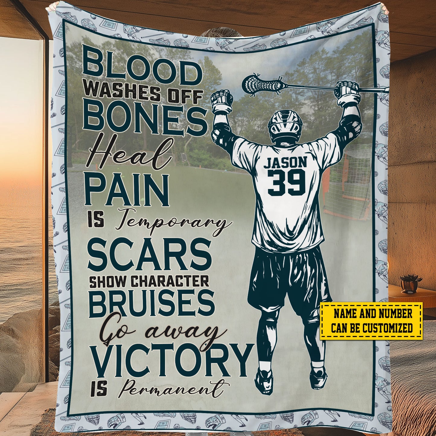 Personalized Motivational Lacrosse Boy Fleece Blanket, Go Away Victory Is Permanent Sport Woven Blanket, Cool Sherpa Blanket Gift For Lacrosse Lovers