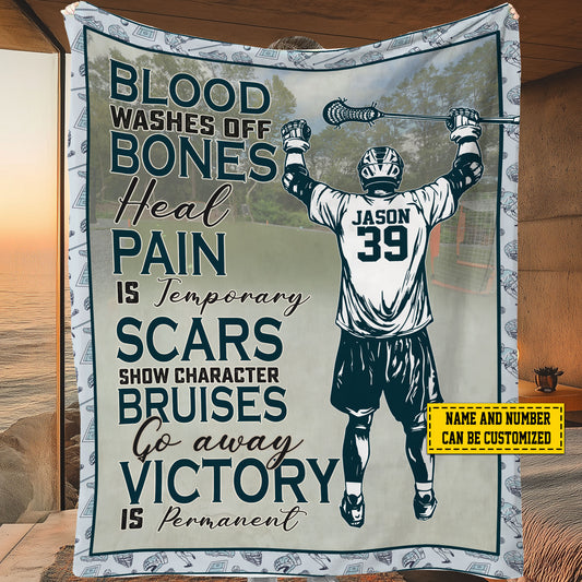 Personalized Motivational Lacrosse Boy Fleece Blanket, Go Away Victory Is Permanent Sport Woven Blanket, Cool Sherpa Blanket Gift For Lacrosse Lovers