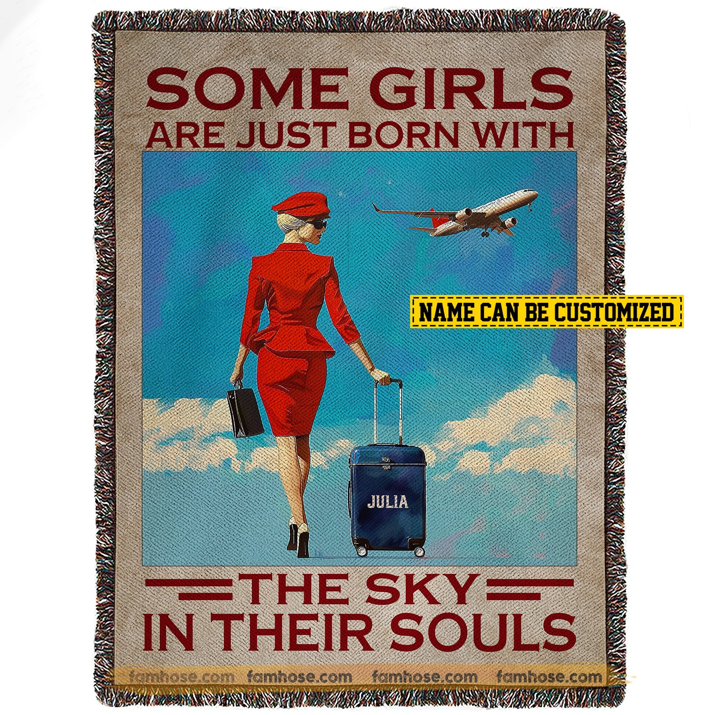 Vintage Personalized Flight Attendant Fleece Blanket, Some Girls Are Born To Fly Woven Blanket, Sherpa Blanket Gift For Air Hostess