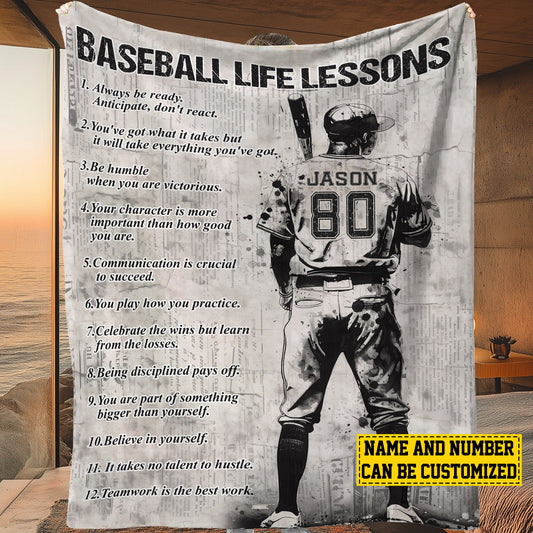 Personalized Motivational Baseball Boy Life Lessons Fleece Blanket, Baseball Woven Blanket, Cool Sherpa Blanket Gift For Baseball Lovers