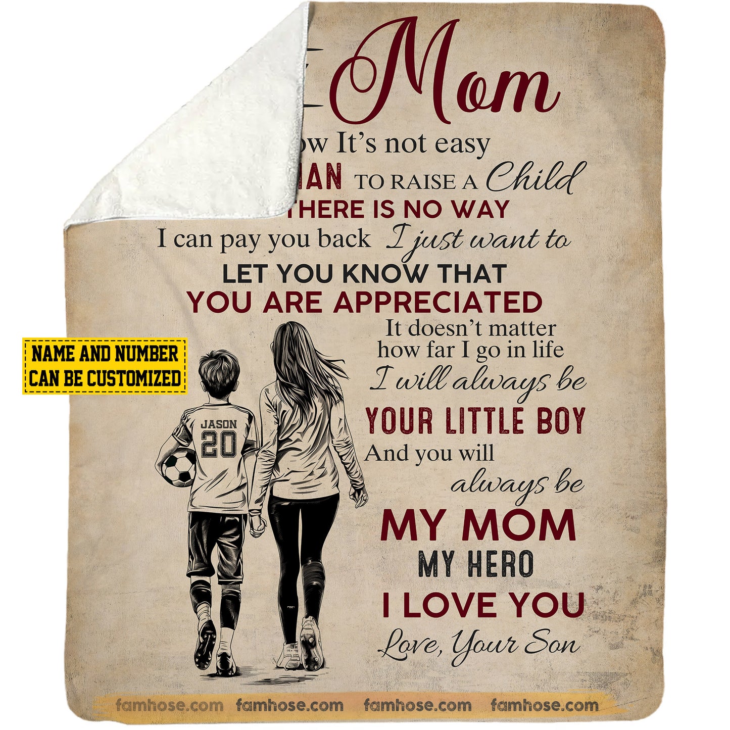 Personalized Soccer Mom & Son Fleece Blanket, To My Mom I Know It Not Easy Woven Blanket, Cool Sherpa Blanket Mother's Day Gift For Mom From Soccer Boy