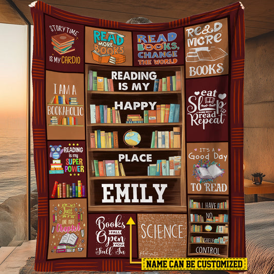 Personalized Books Fleece Blanket, Reading Is My Happy Places Woven Blanket, Cool Sherpa Blanket Gift For Books Lovers