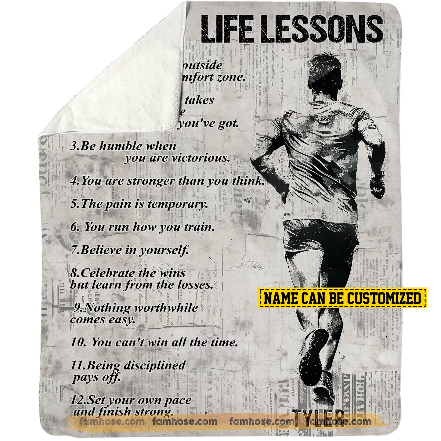Motivational Personalized Running Boy Fleece Blanket, Running Life Lessons Sport Woven Blanket, Cool Sherpa Blanket Gift For Running Lovers