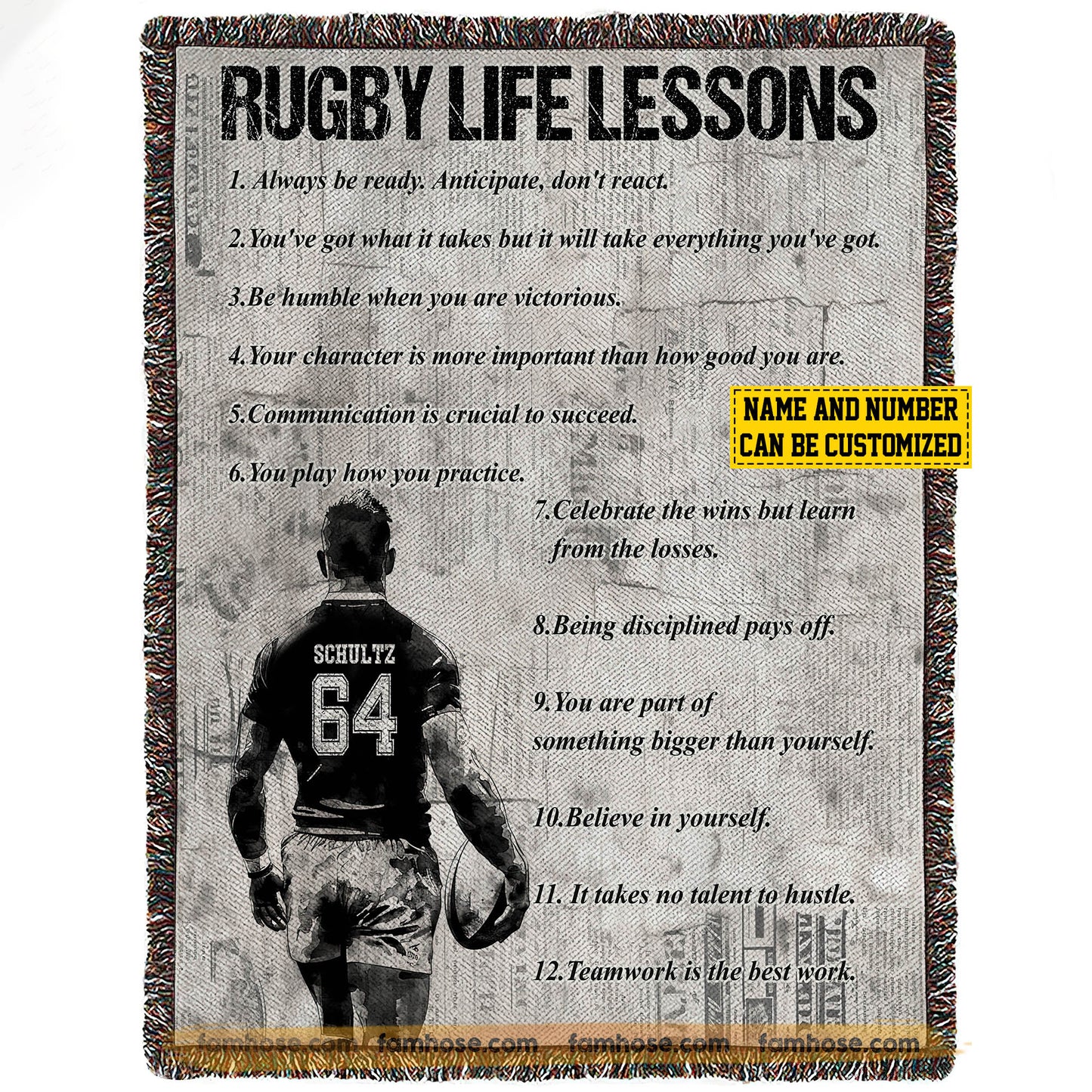 Personalized Rugby Boy Fleece Blanket, Rugby Life Lessons Sport Woven Blanket - Sherpa Blanket Gift For Rugby Lovers