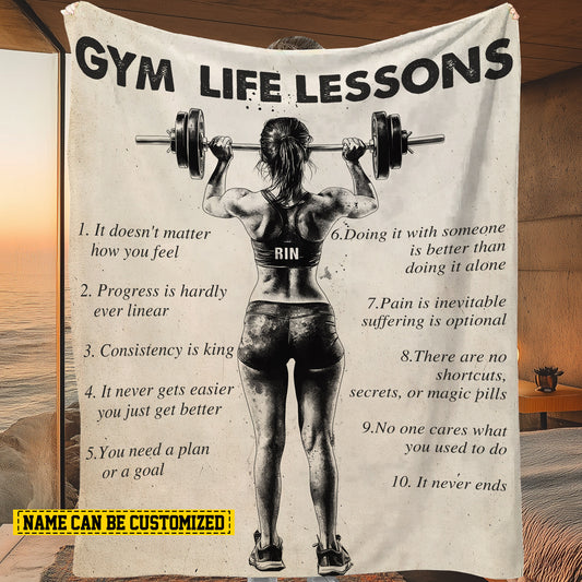 Cool Personalized Gym Girl Fleece Blanket, Gym Life Lessons Sports Woven Blanket, Cool Sherpa Blanket Gift For Gym Lovers