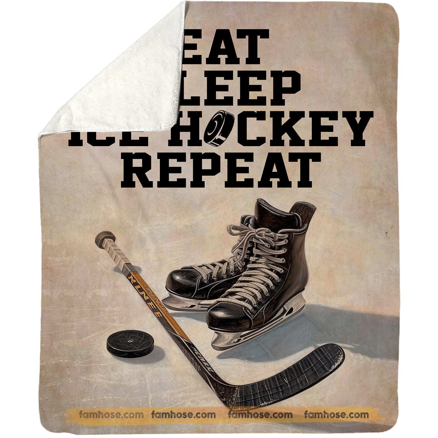 Vintage Hockey Fleece Blanket, Hockey Life: Eat, Sleep And Repeat Sport Woven Blanket, Cozy Sherpa Blanket Gift For Hockey Lovers