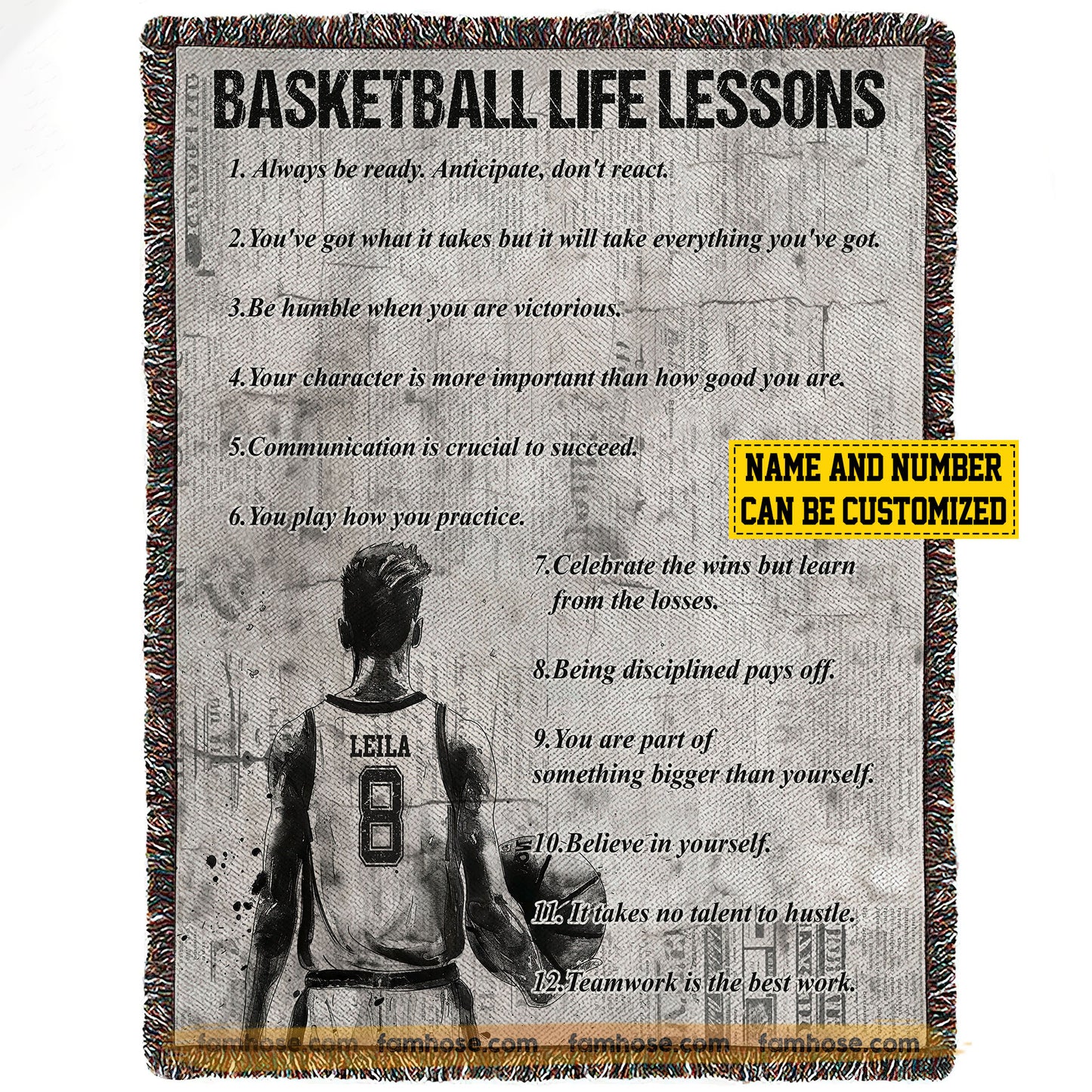 Personalized Basketball Boy Fleece Blanket, Basketball Life Lessons Sport Woven Blanket, Cool Sherpa Blanket Gift For Basketball Lovers