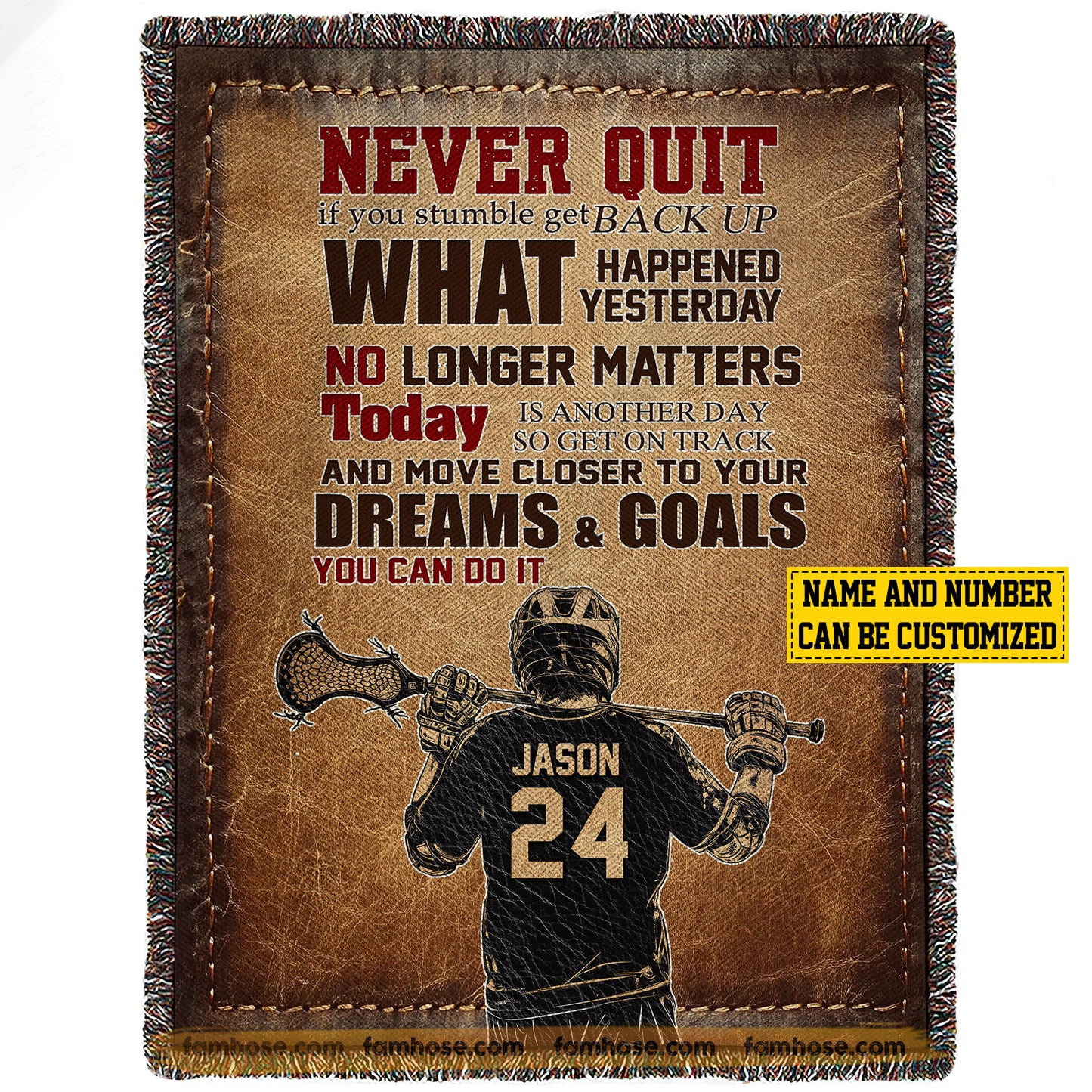 Vintage Personalized Lacrosse Boy Fleece Blanket, Never Quit Sport Woven Blanket, Cool Sherpa Blanket Gift Lacrosse Lovers