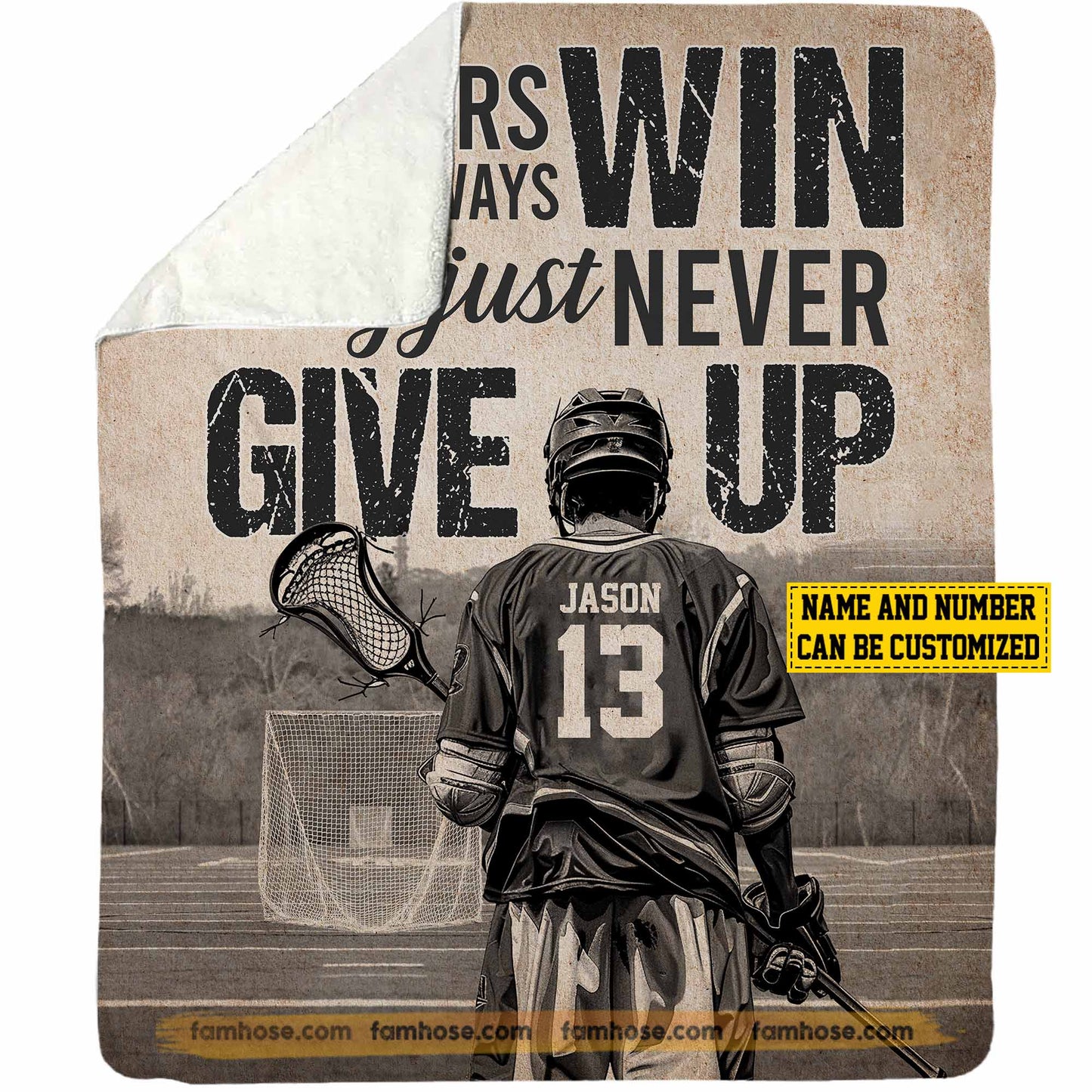 Motivational Personalized Lacrosse Boy Fleece Blanket, Winners Don't Always Win Sport Woven Blanket, Cool Sherpa Blanket Gift For Lacrosse Lovers