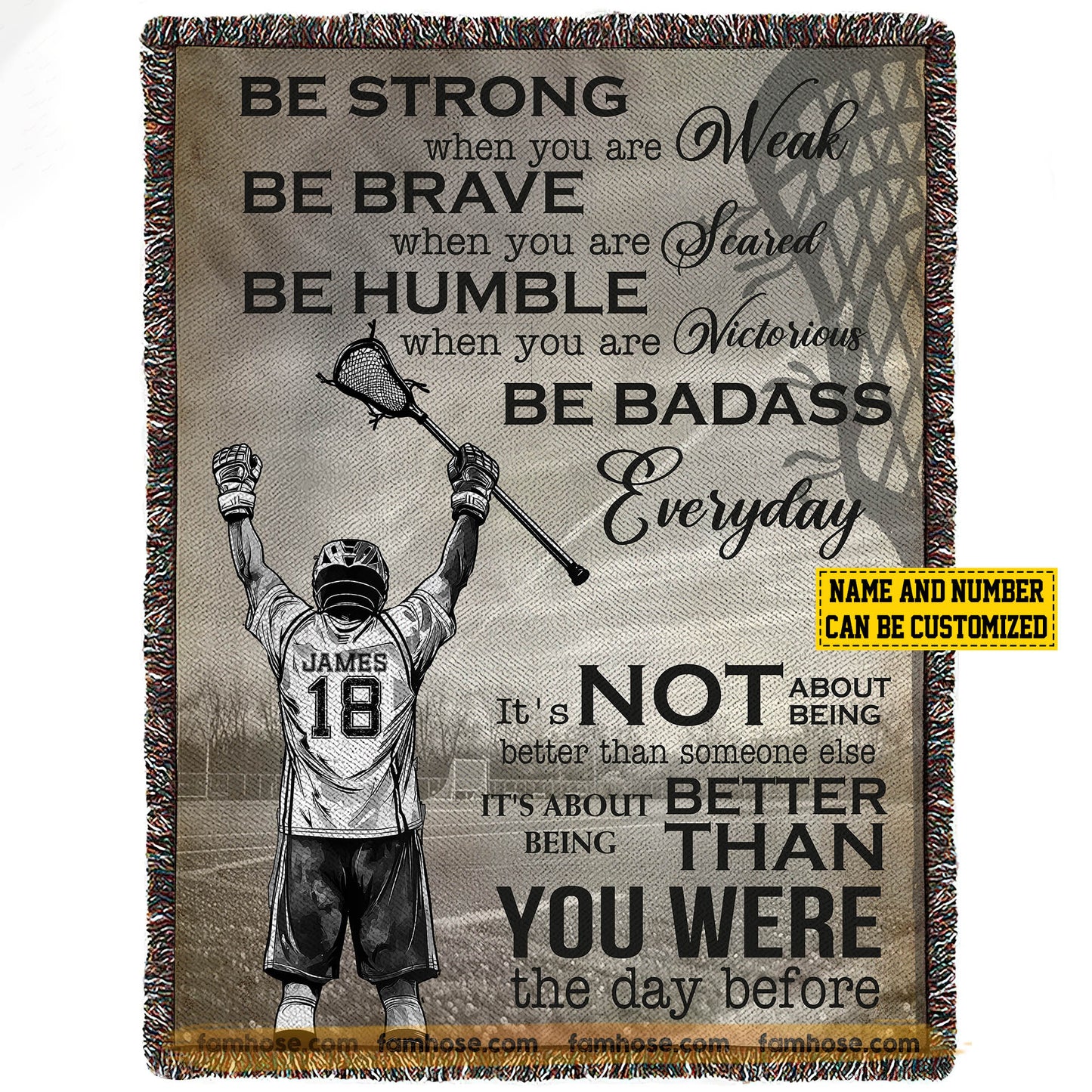 Motivational Personalized Lacrosse Boy Fleece Blanket, Be Strong Humble Brave And Badass Sport Woven Blanket, Cool Sherpa Blanket Gift For Lacrosse Lovers
