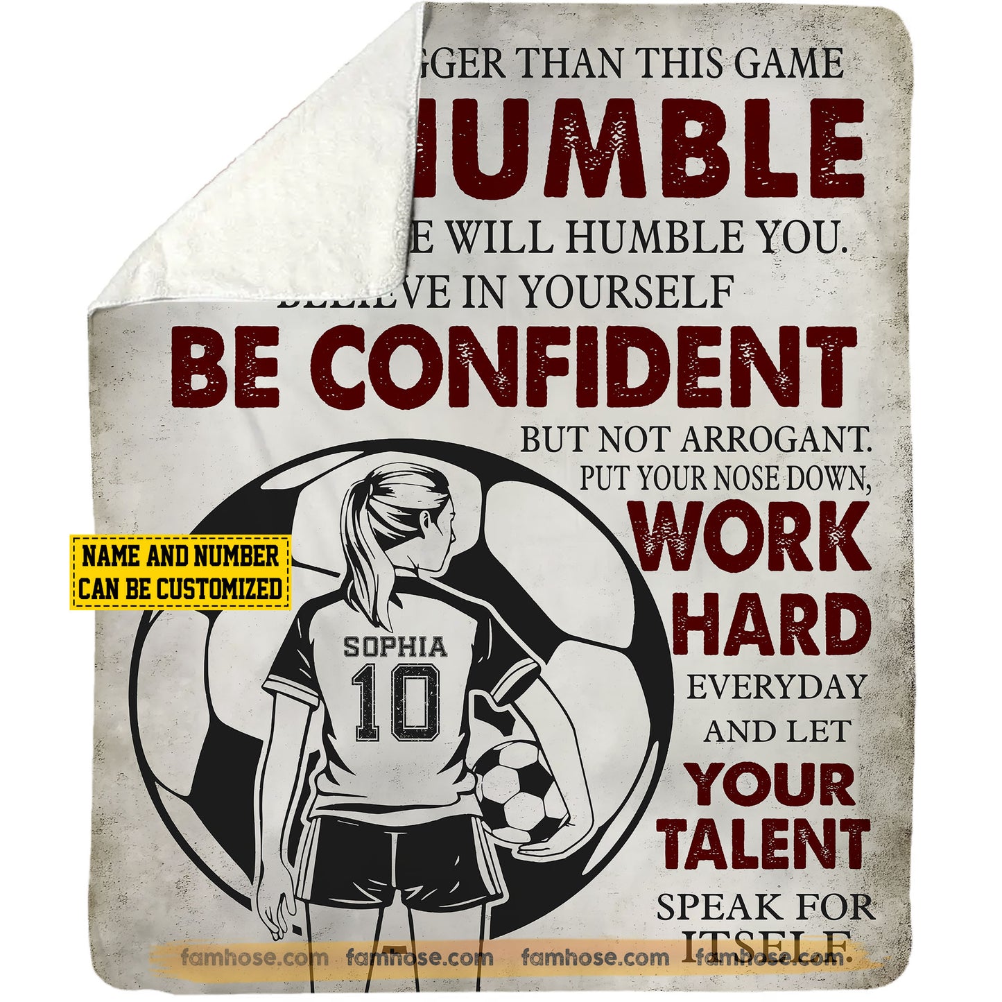 Motivational Personalized Soccer Girl Fleece Blanket, Be Humble Confident And Work Hard Woven Blanket, Cool Sherpa Blanket Gift For Soccer Lovers