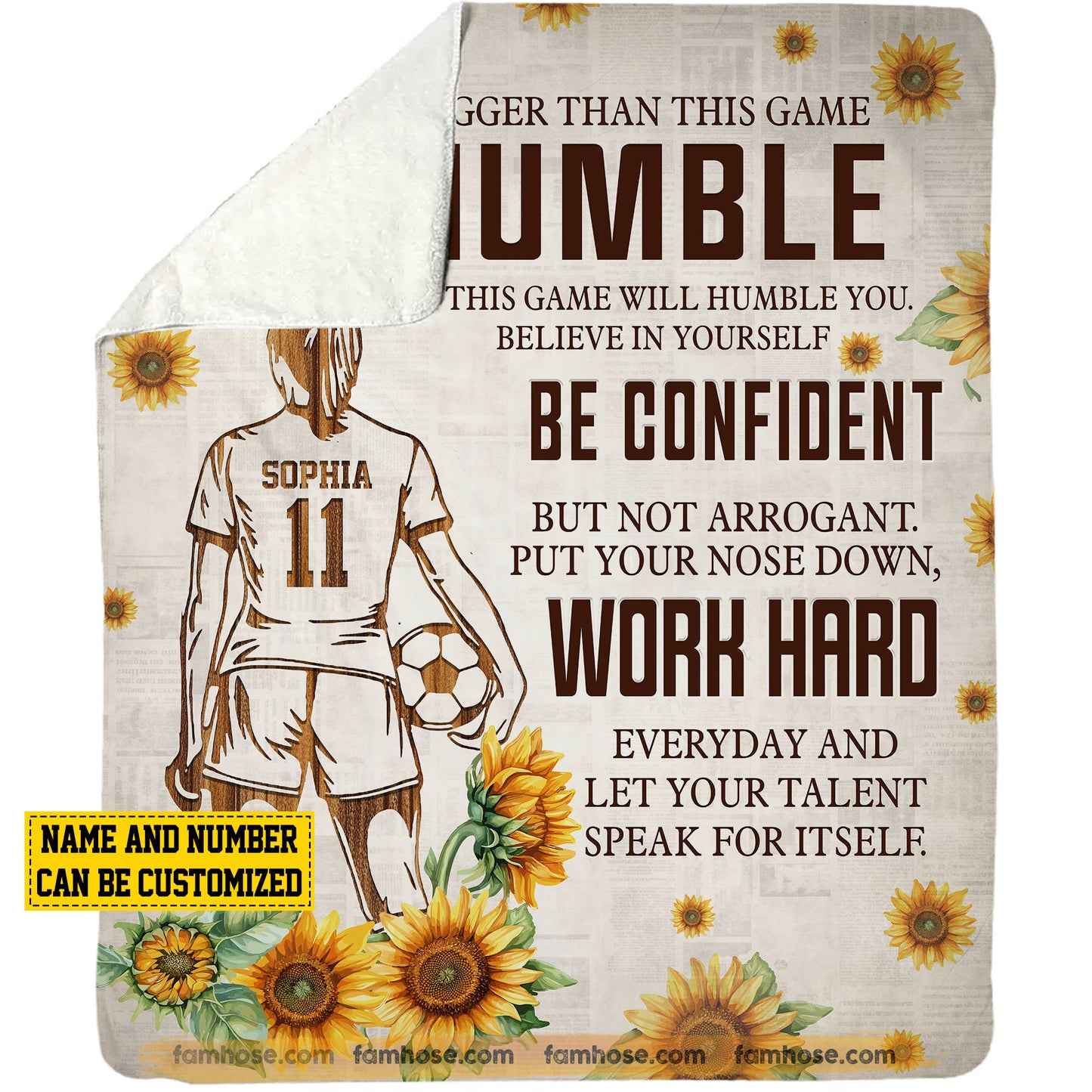Motivational Personalized Soccer Girl Fleece Blanket, Be Humble Be Confident And Work Hard Sport Woven Blanket, Cool Sherpa Blanket Gift For Soccer Lovers