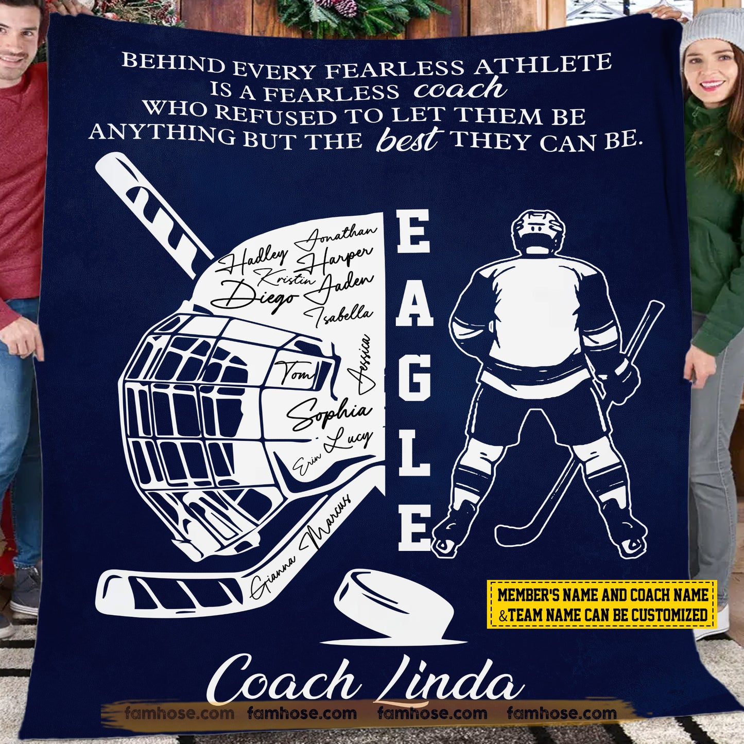 Motivational Personalized Hockey Boy Fleece Blanket, Eagle Sport Woven Blanket, Cool Sherpa Blanket Gift For Hockey Lovers