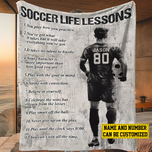 Personalized Motivational Soccer Boy Life Lessons Fleece Blanket, Soccer Woven Blanket, Cool Sherpa Blanket Gift For Soccer Lovers