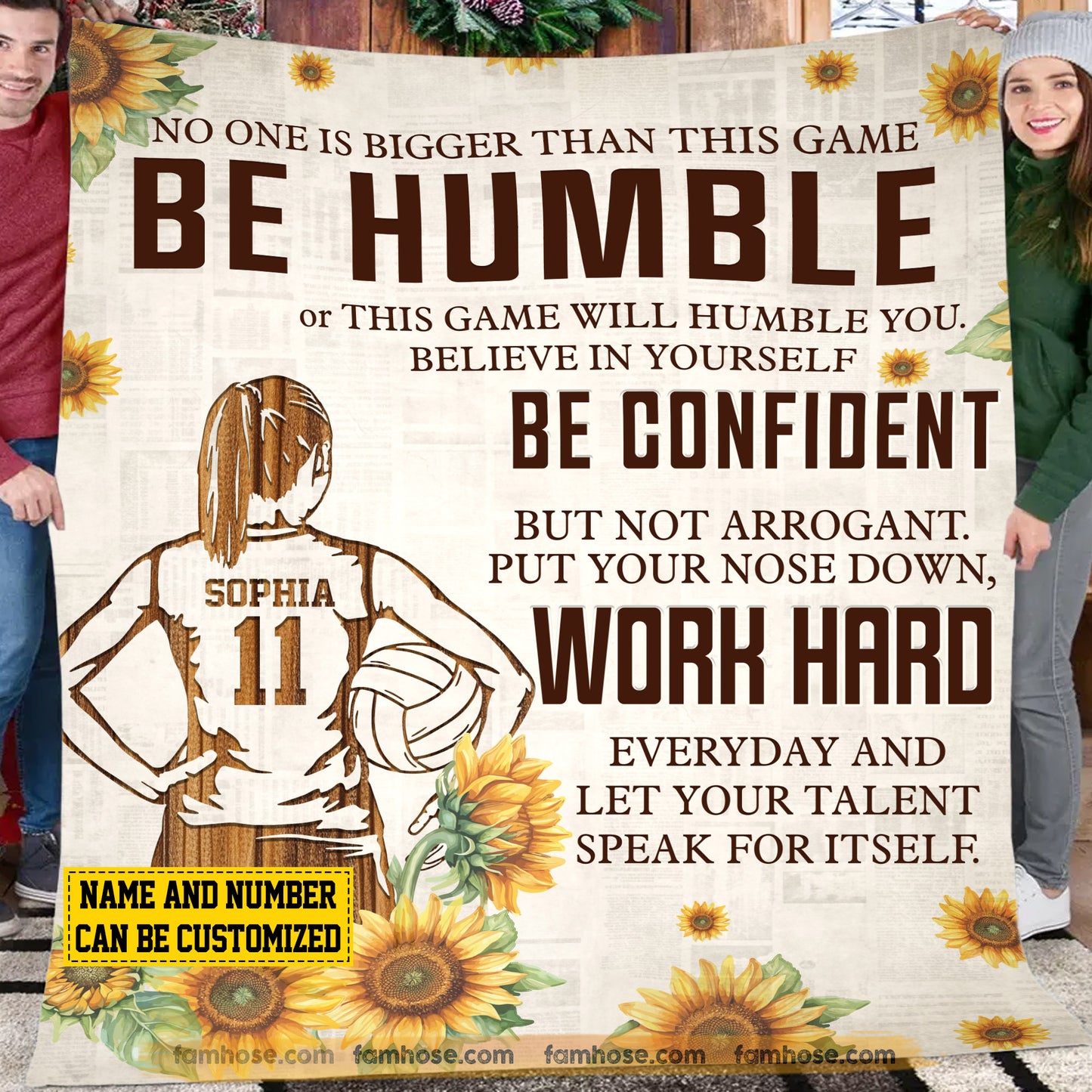 Motivational Personalized Volleyball Girl Fleece Blanket, Be Humble Be Confident And Work Hard Sport Woven Blanket, Cool Sherpa Blanket Gift For Volleyball Lovers