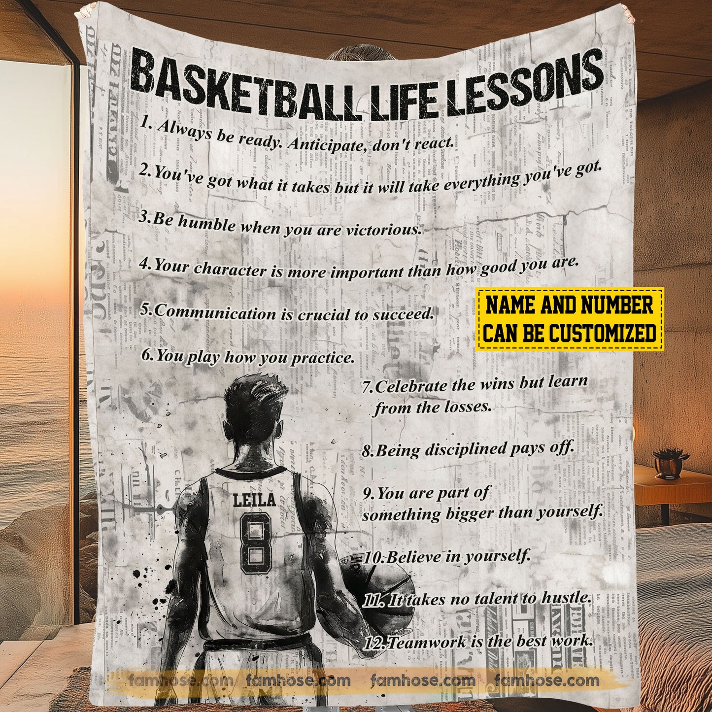 Personalized Basketball Boy Fleece Blanket, Basketball Life Lessons Sport Woven Blanket, Cool Sherpa Blanket Gift For Basketball Lovers