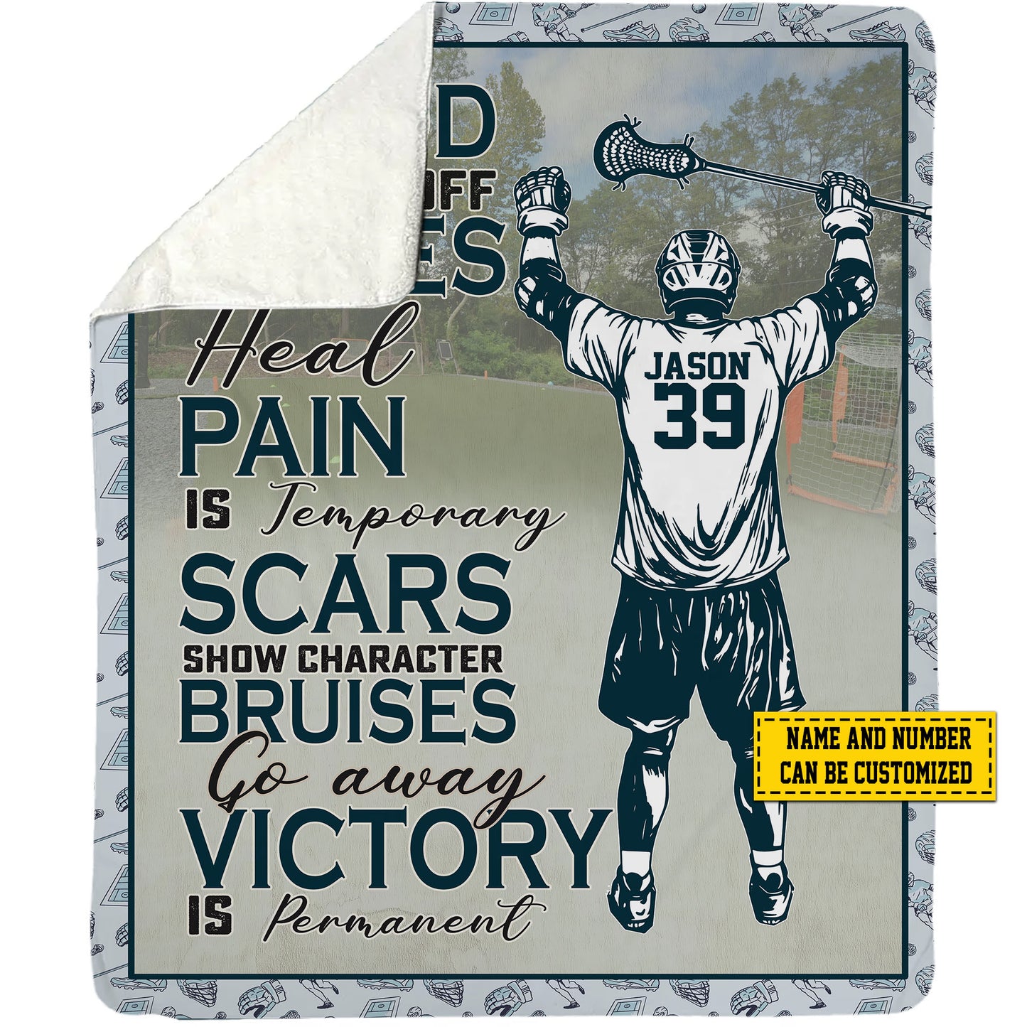 Personalized Motivational Lacrosse Boy Fleece Blanket, Go Away Victory Is Permanent Sport Woven Blanket, Cool Sherpa Blanket Gift For Lacrosse Lovers