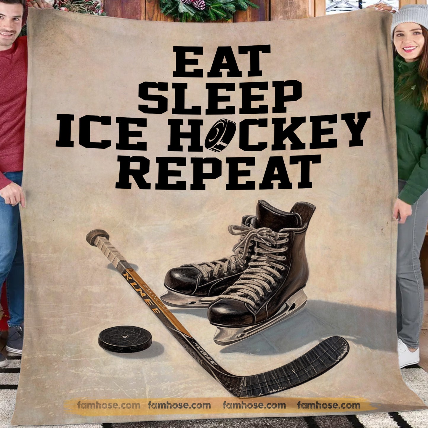 Vintage Hockey Fleece Blanket, Hockey Life: Eat, Sleep And Repeat Sport Woven Blanket, Cozy Sherpa Blanket Gift For Hockey Lovers