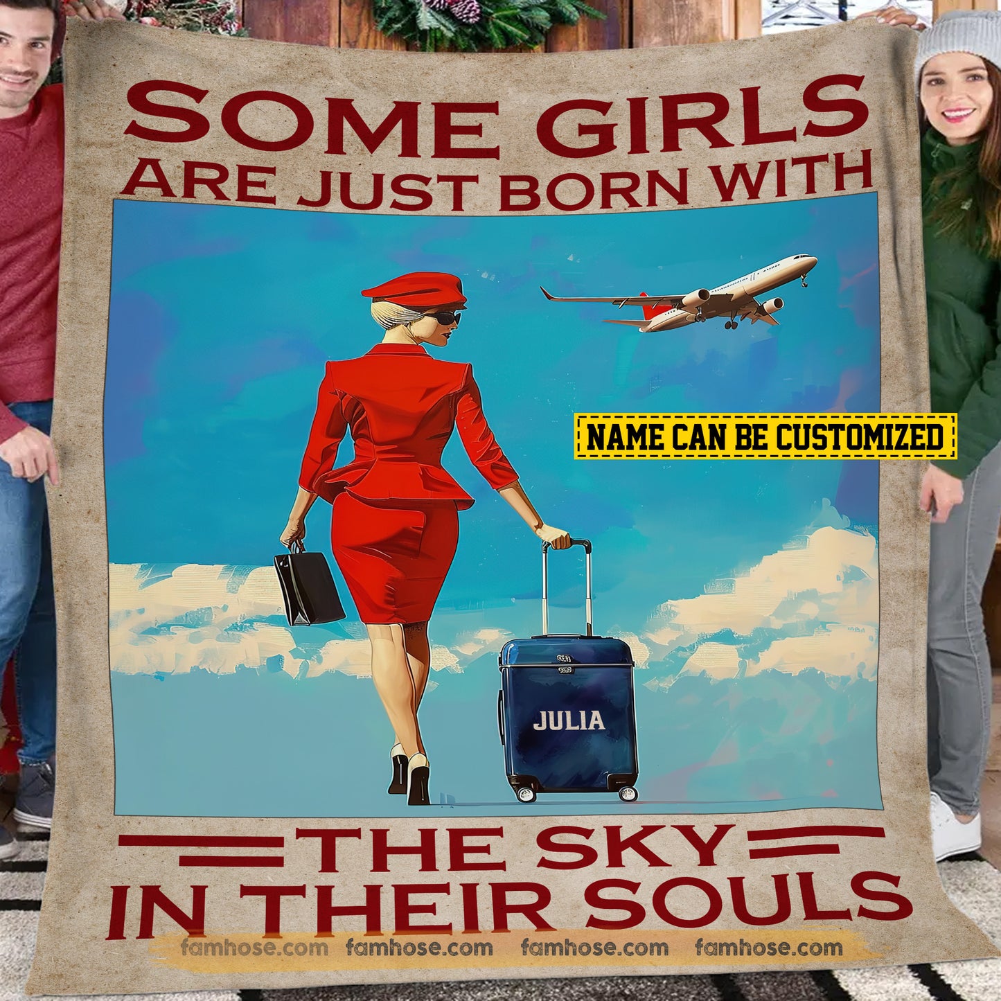 Vintage Personalized Flight Attendant Fleece Blanket, Some Girls Are Born To Fly Woven Blanket, Sherpa Blanket Gift For Air Hostess