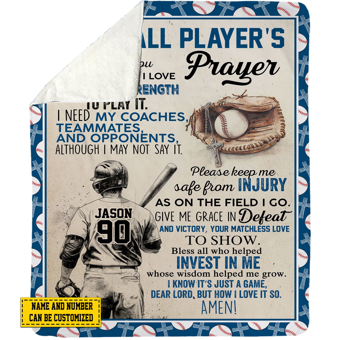 Personalized Motivational Baseball Boy Fleece Blanket, Baseball Player's Prayer Sports Woven Blanket, Cool Sherpa Blanket Gift For Baseball Lovers