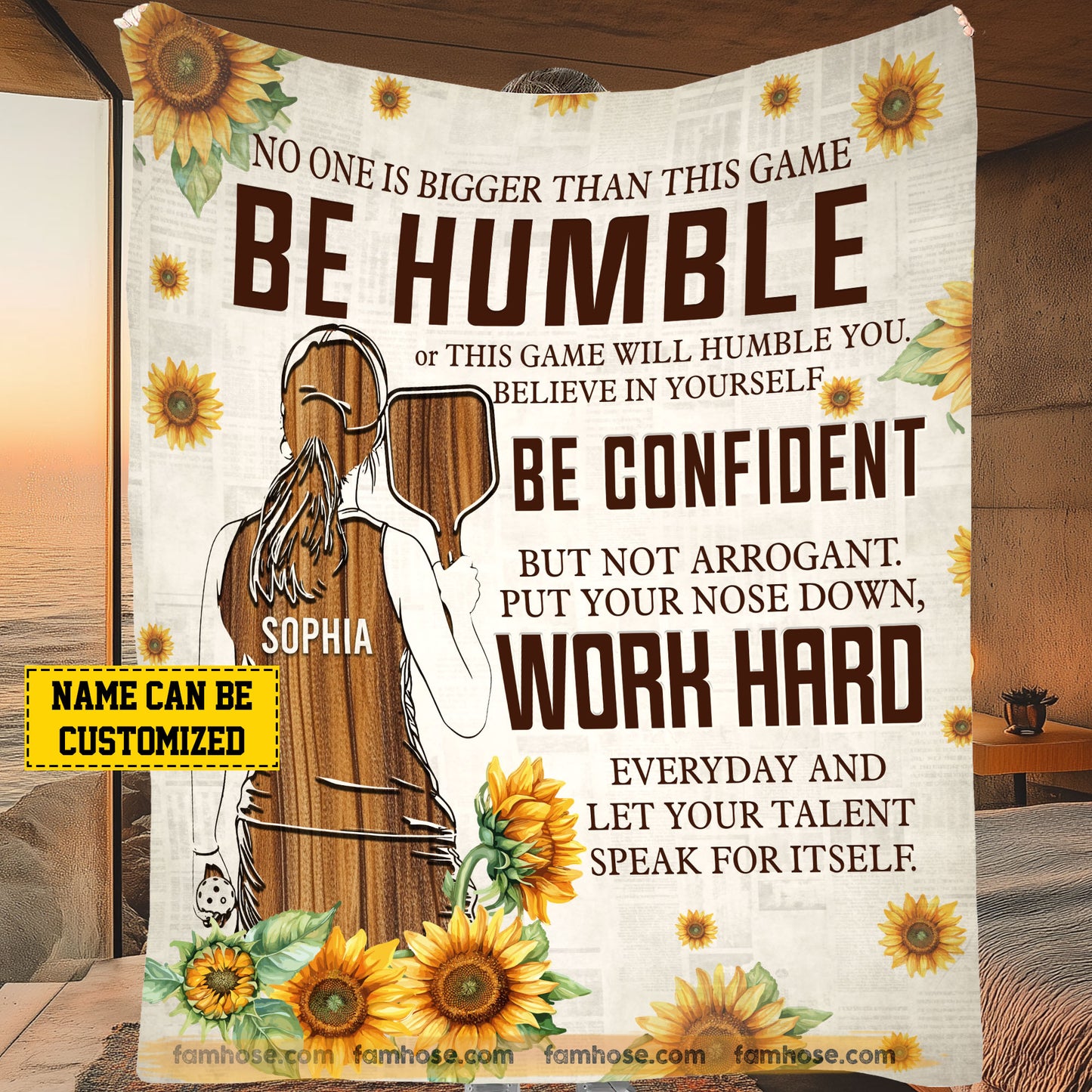 Motivational Personalized Pickleball Girl Fleece Blanket, Be Humble Be Confident And Work Hard Sport Woven Blanket, Cool Sherpa Blanket Gift For Pickleball Lovers