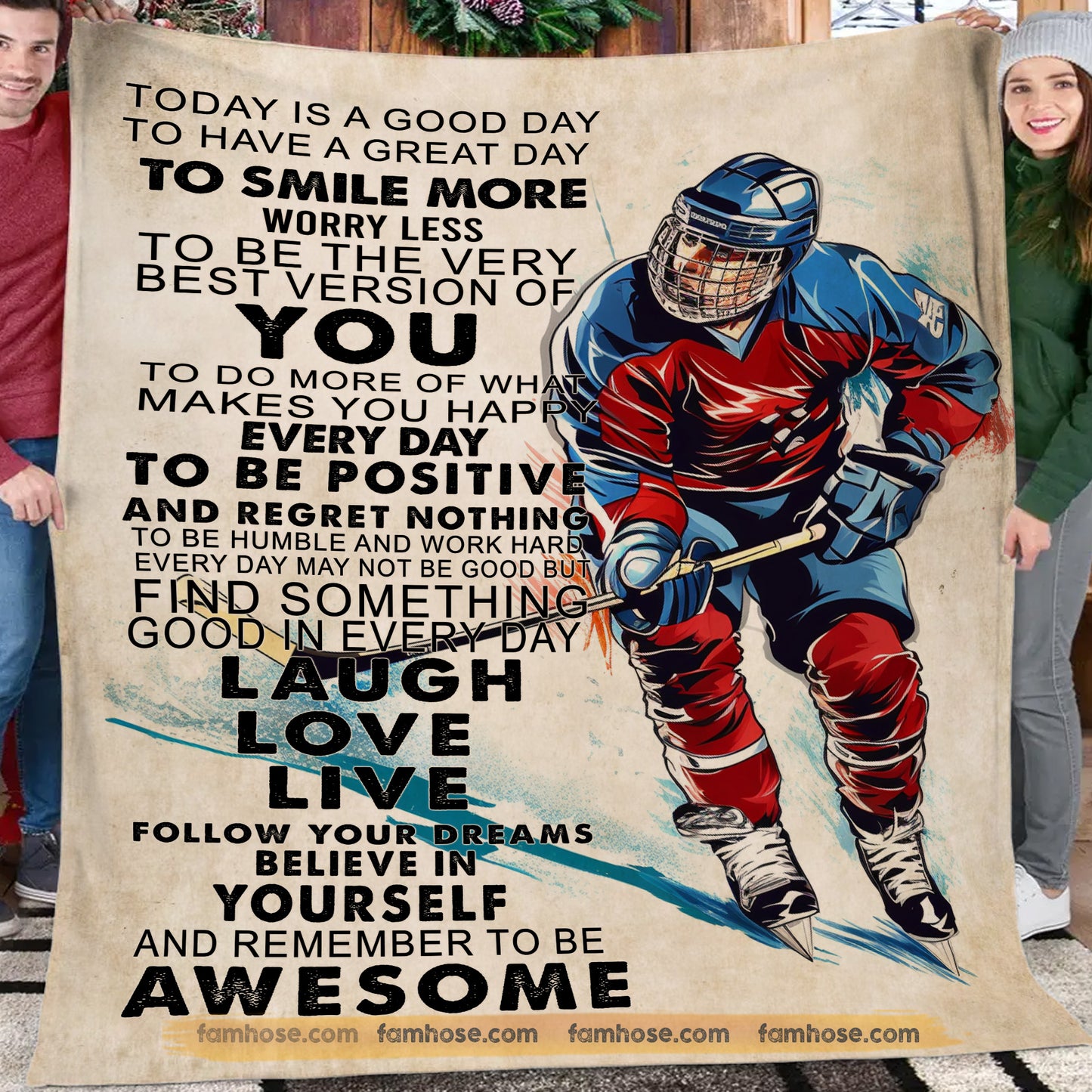 Motivational Hockey Fleece Blanket, Hockey Dreams And Positive Vibes Sport Woven Blanket, Sherpa Blanket Gift For Hockey Lovers