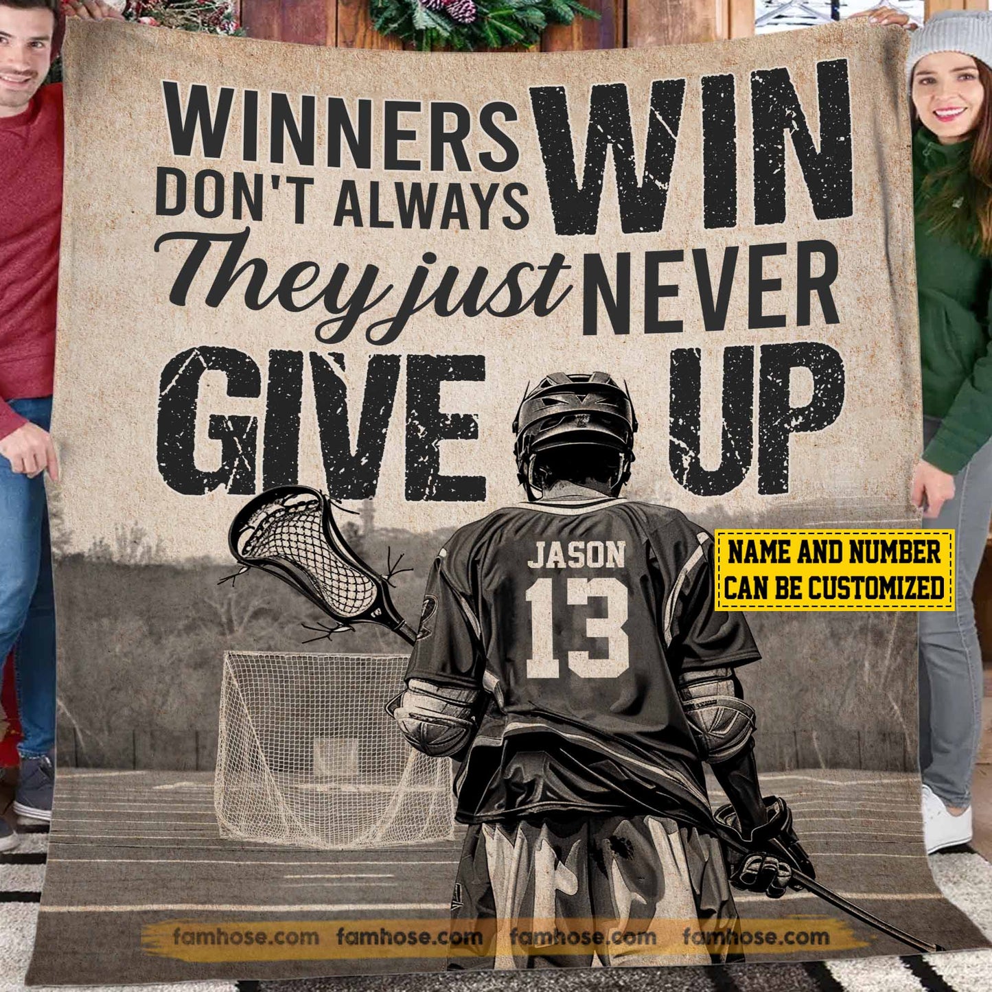 Motivational Personalized Lacrosse Boy Fleece Blanket, Winners Don't Always Win Sport Woven Blanket, Cool Sherpa Blanket Gift For Lacrosse Lovers