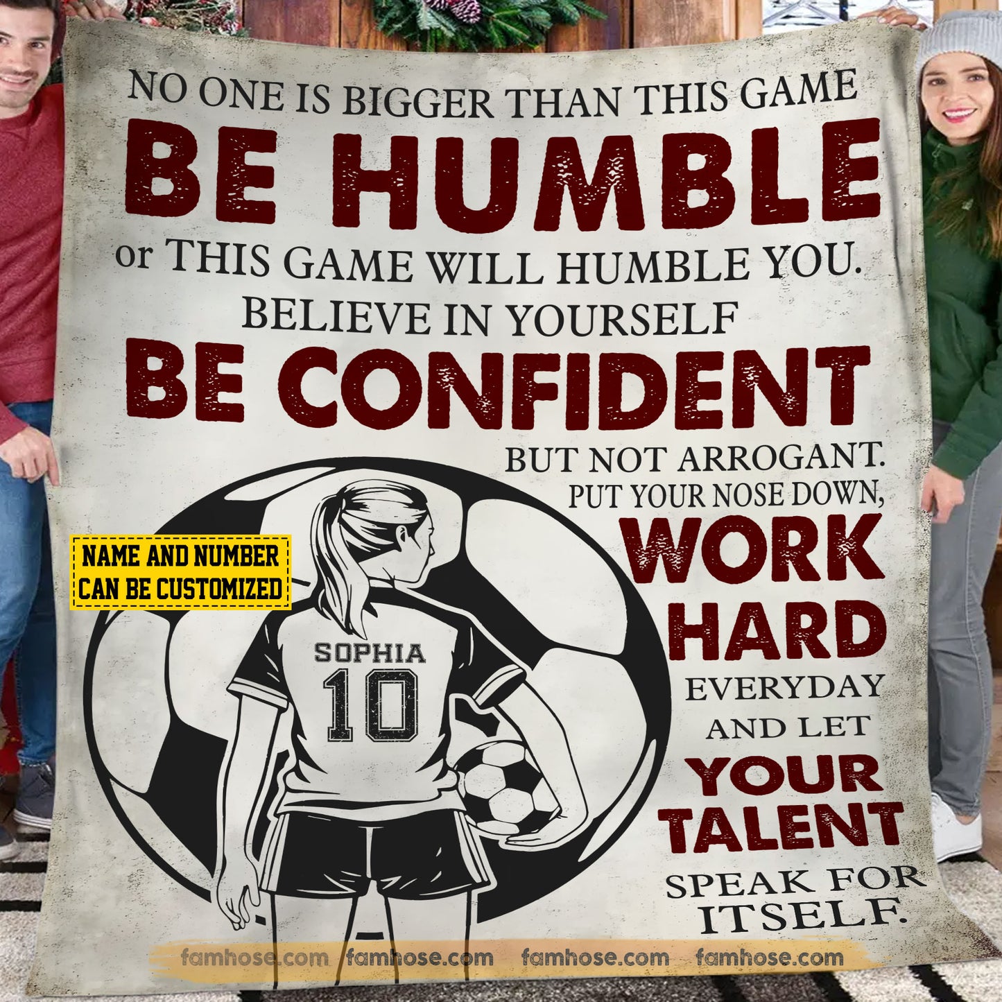 Motivational Personalized Soccer Girl Fleece Blanket, Be Humble Confident And Work Hard Woven Blanket, Cool Sherpa Blanket Gift For Soccer Lovers