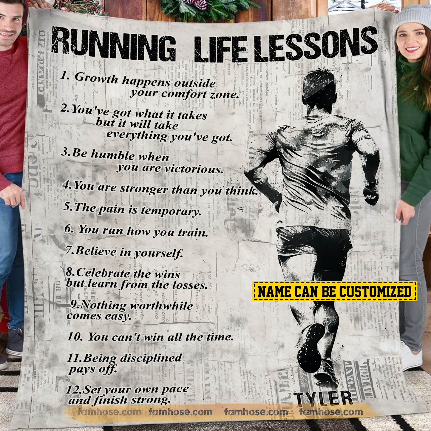 Motivational Personalized Running Boy Fleece Blanket, Running Life Lessons Sport Woven Blanket, Cool Sherpa Blanket Gift For Running Lovers