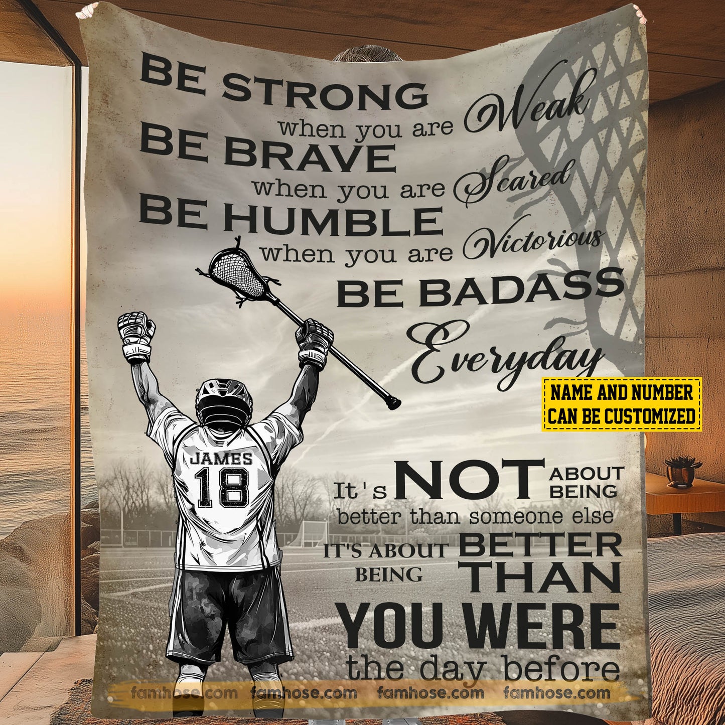 Motivational Personalized Lacrosse Boy Fleece Blanket, Be Strong Humble Brave And Badass Sport Woven Blanket, Cool Sherpa Blanket Gift For Lacrosse Lovers