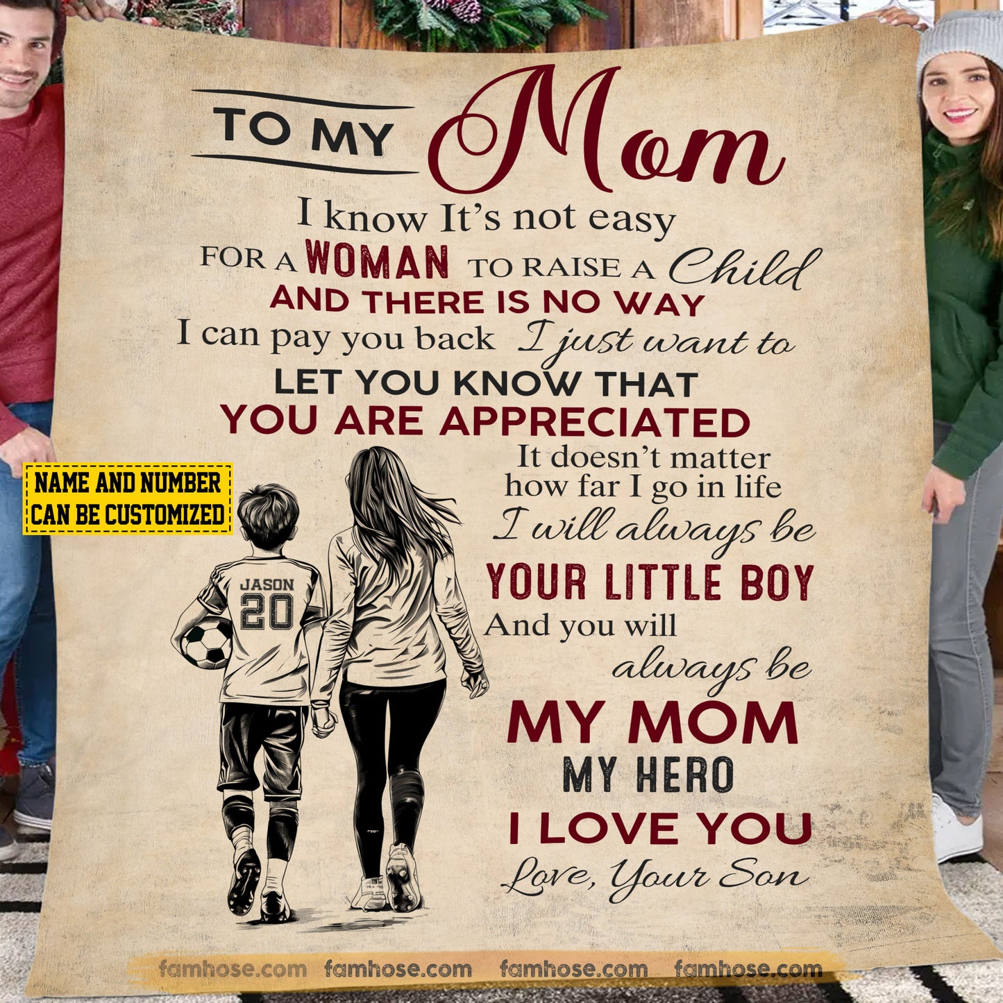 Personalized Soccer Mom & Son Fleece Blanket, To My Mom I Know It Not Easy Woven Blanket, Cool Sherpa Blanket Mother's Day Gift For Mom From Soccer Boy