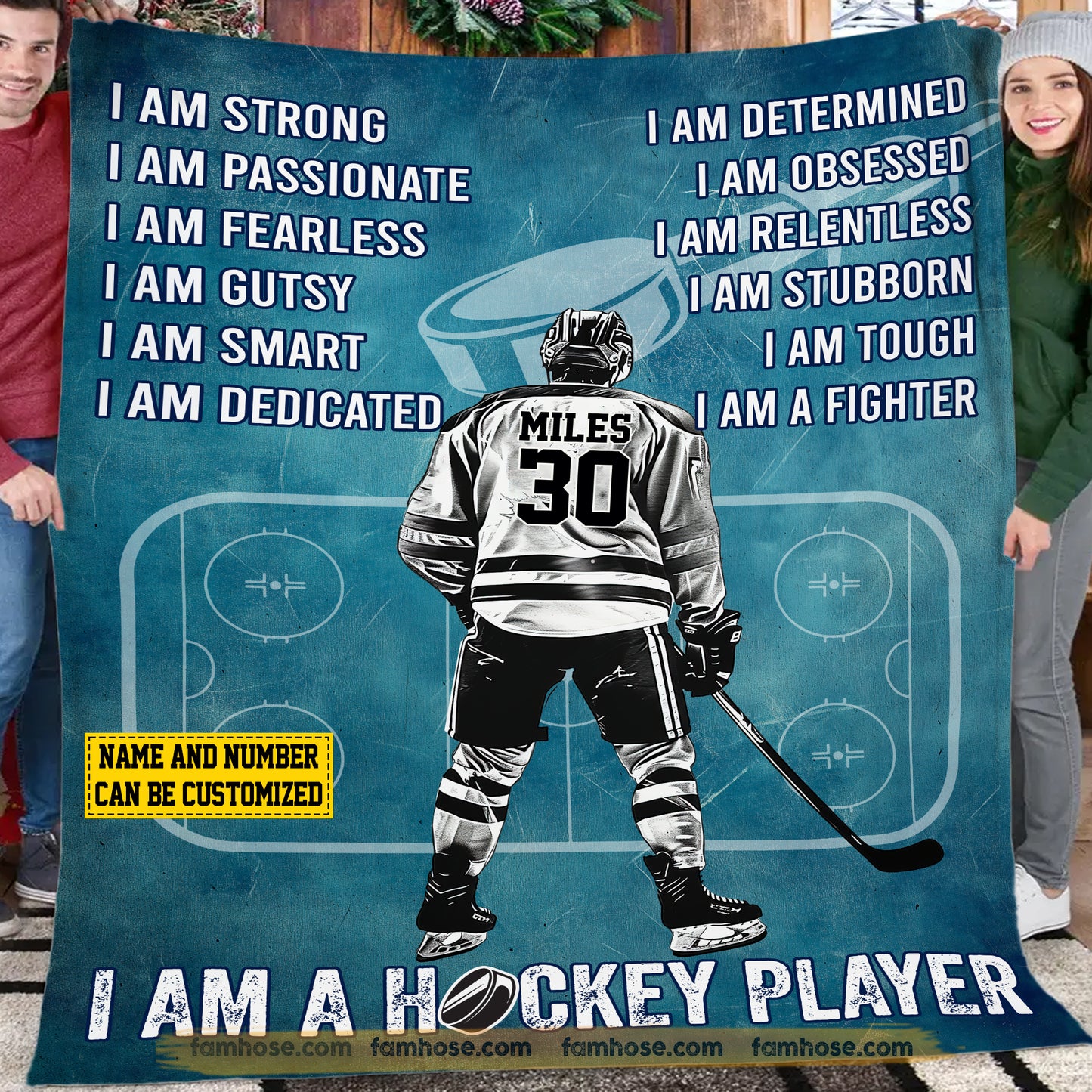 Personalized Hockey Fleece Blanket, I Am A Hockey Player Sport Woven Blanket, Cozy Sherpa Blanket Gift For Hockey Lovers