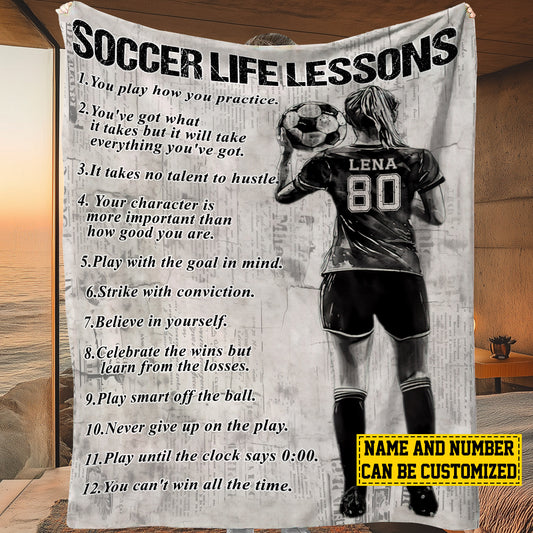 Personalized Motivational Soccer Girl Life Lessons Fleece Blanket, Soccer Woven Blanket, Cool Sherpa Blanket Gift For Soccer Lovers