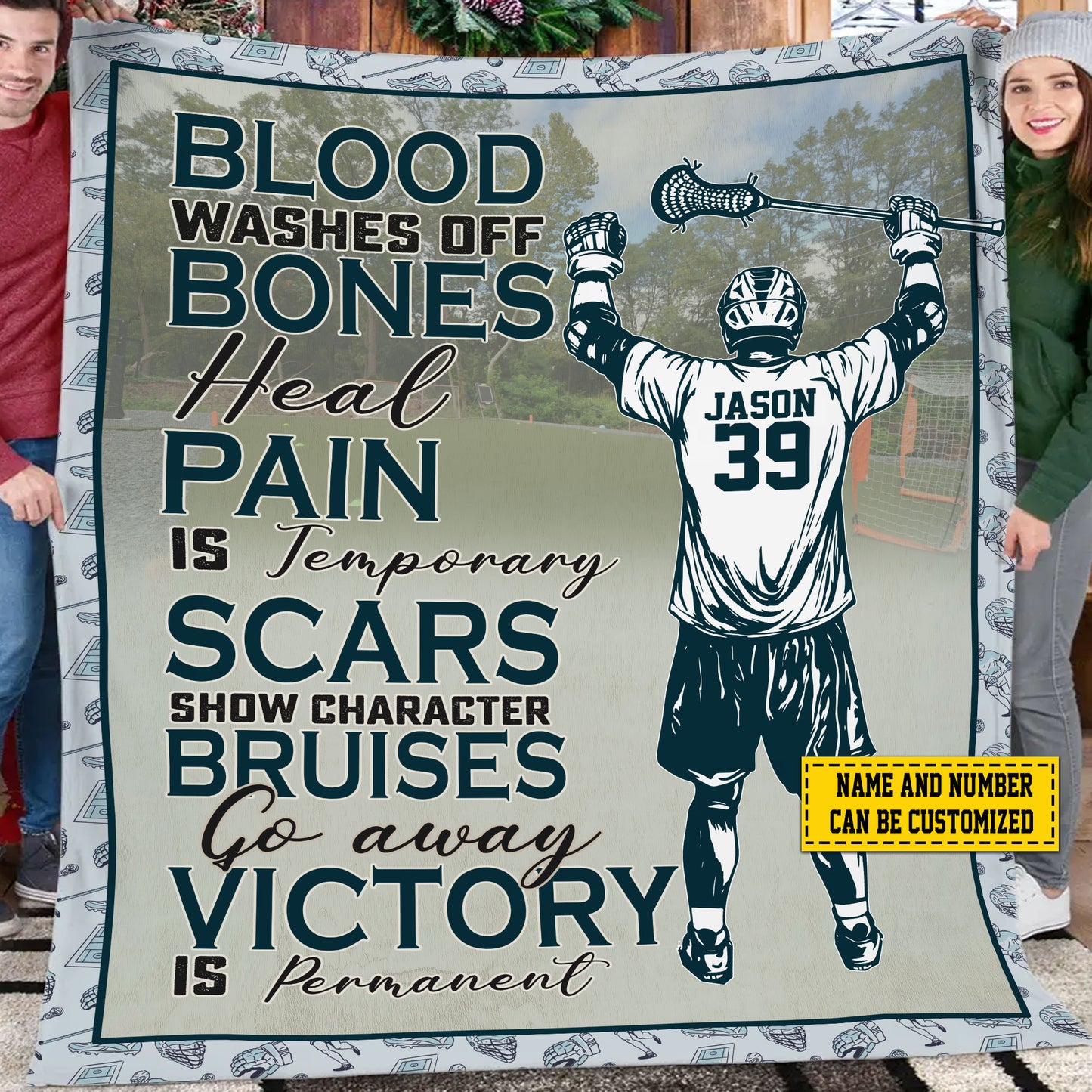 Personalized Motivational Lacrosse Boy Fleece Blanket, Go Away Victory Is Permanent Sport Woven Blanket, Cool Sherpa Blanket Gift For Lacrosse Lovers