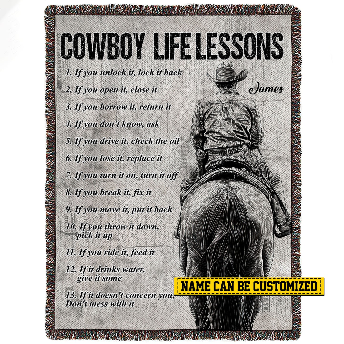 Personalized Cowboy Fleece Blanket, Cowboy Life Lessons Baseball Woven Blanket, Cool Sherpa Blanket Gift For Horse Lovers