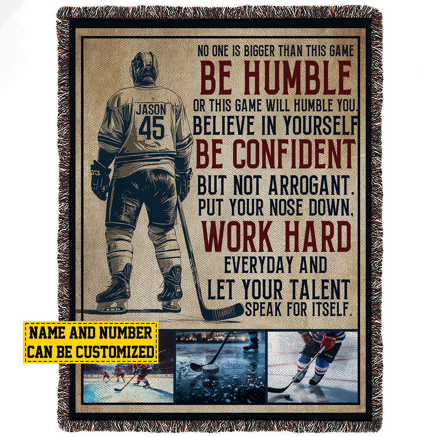 Personalized Hockey Boy Fleece Blanket, Work Hard Everyday Woven Blanket, Cool Sherpa Blanket Gift For Hockey Lovers