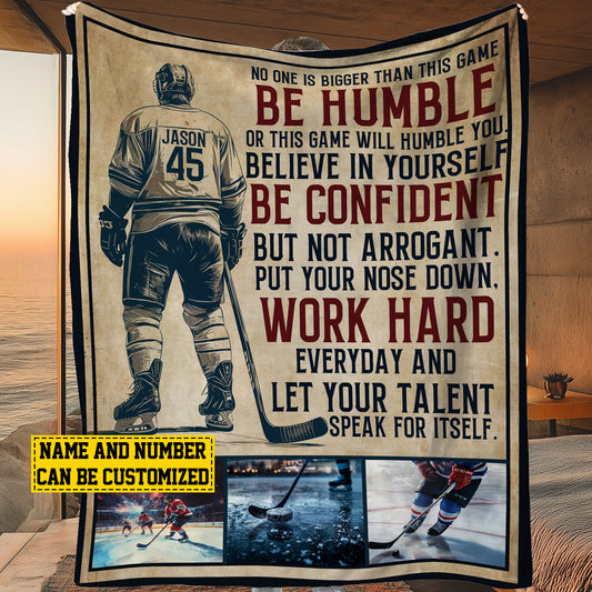 Personalized Hockey Boy Fleece Blanket, Work Hard Everyday Woven Blanket, Cool Sherpa Blanket Gift For Hockey Lovers