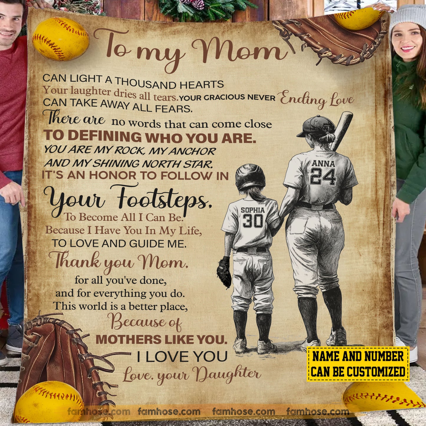 Personalized Softball Mom Daughter Fleece Blanket, To My Mom It's An Honor To Follow In Your Footsteps Sport Woven Blanket, Sherpa Blanket Mother's Day Gift For Mom From Softball Girl