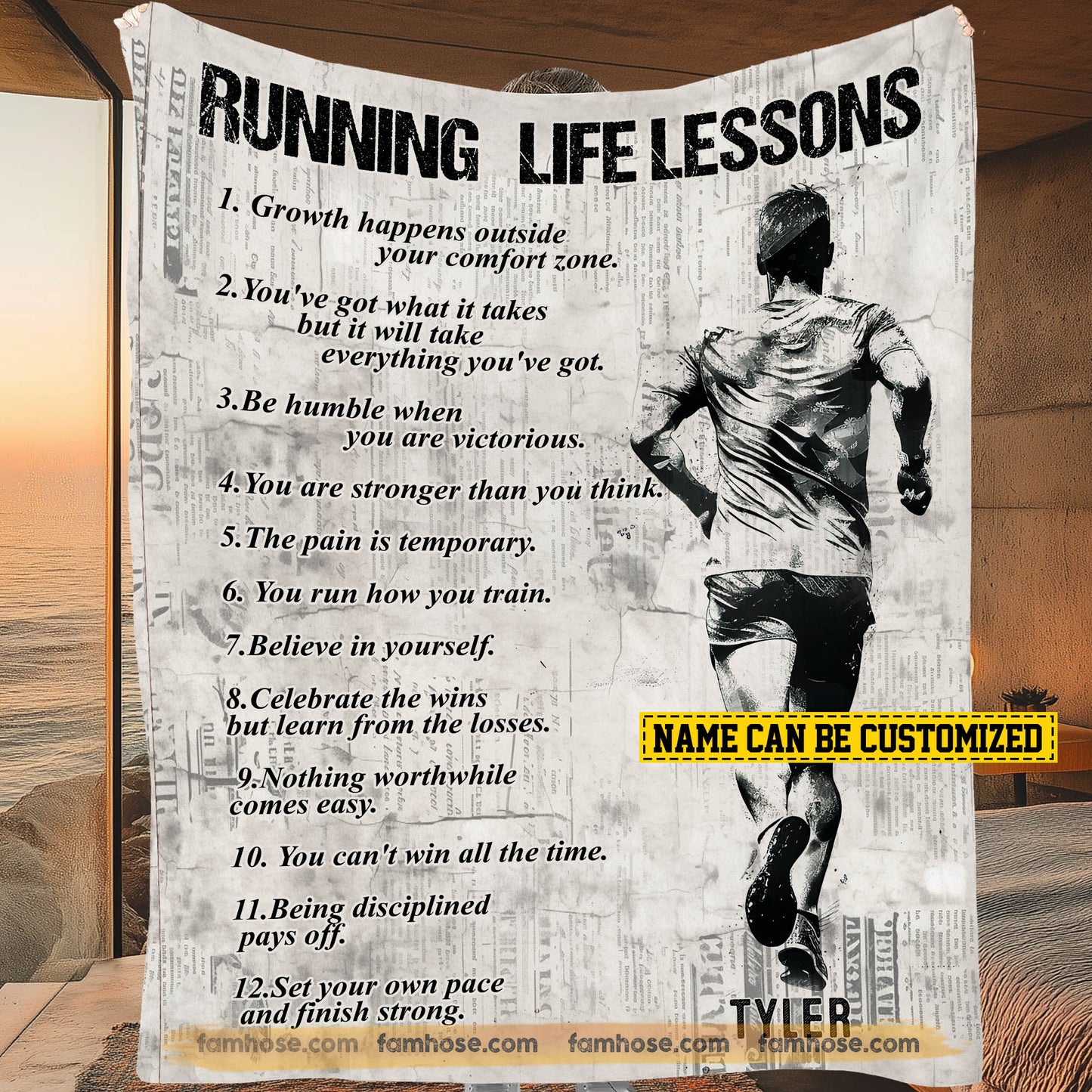 Motivational Personalized Running Boy Fleece Blanket, Running Life Lessons Sport Woven Blanket, Cool Sherpa Blanket Gift For Running Lovers