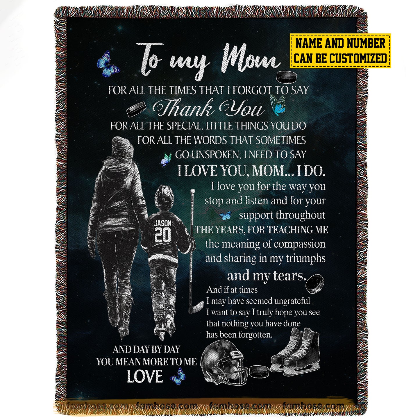 Personalized Hockey Mom Son Fleece Blanket, To My Mom For All The Times Sport Woven Blanket, Sherpa Blanket Mother's Day Gift For Mom From Hockey Boy